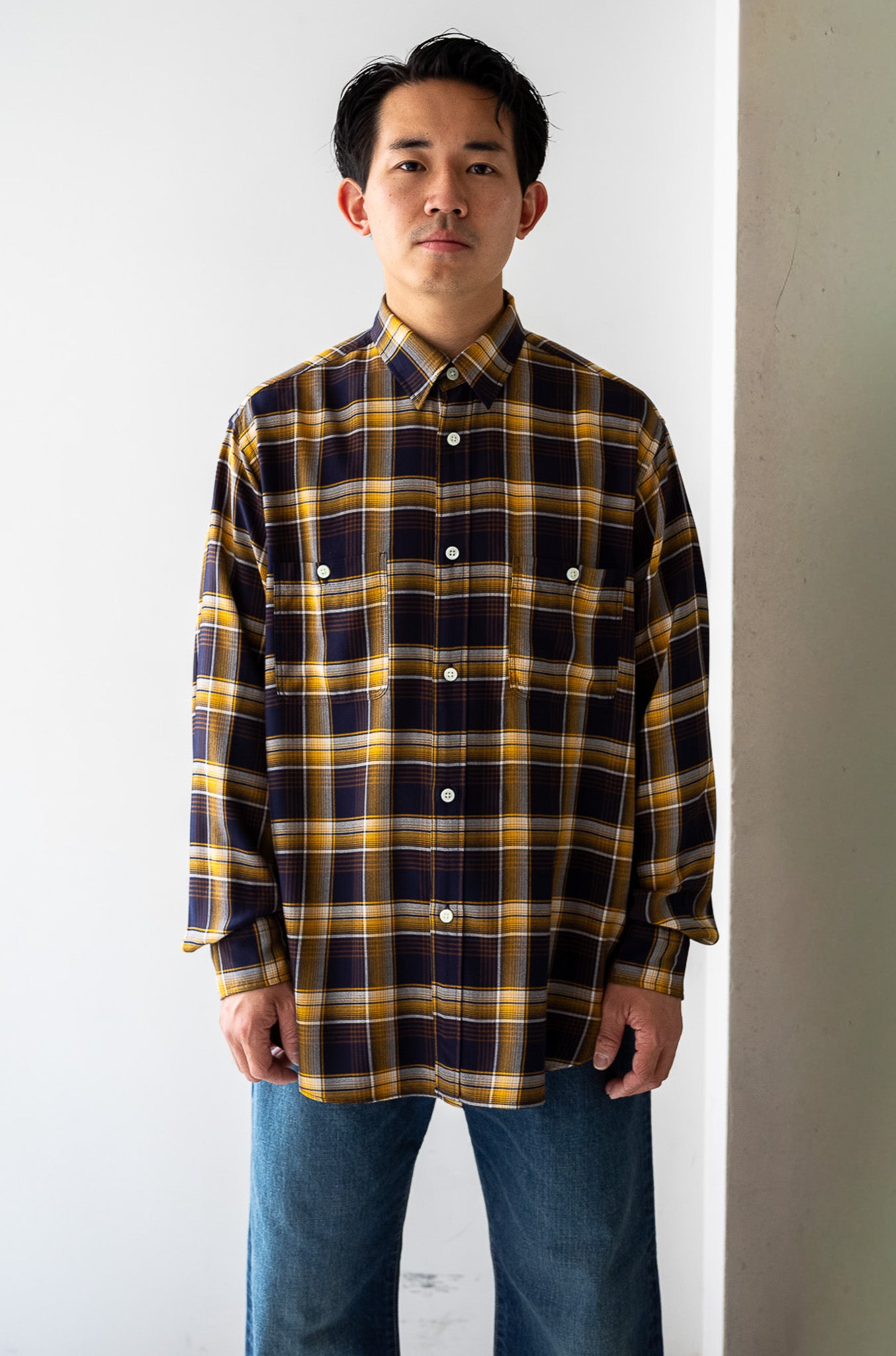 Lazy Luxe Rayon Shirt – Rayon Plaid 〔NAVY×YELLOW〕