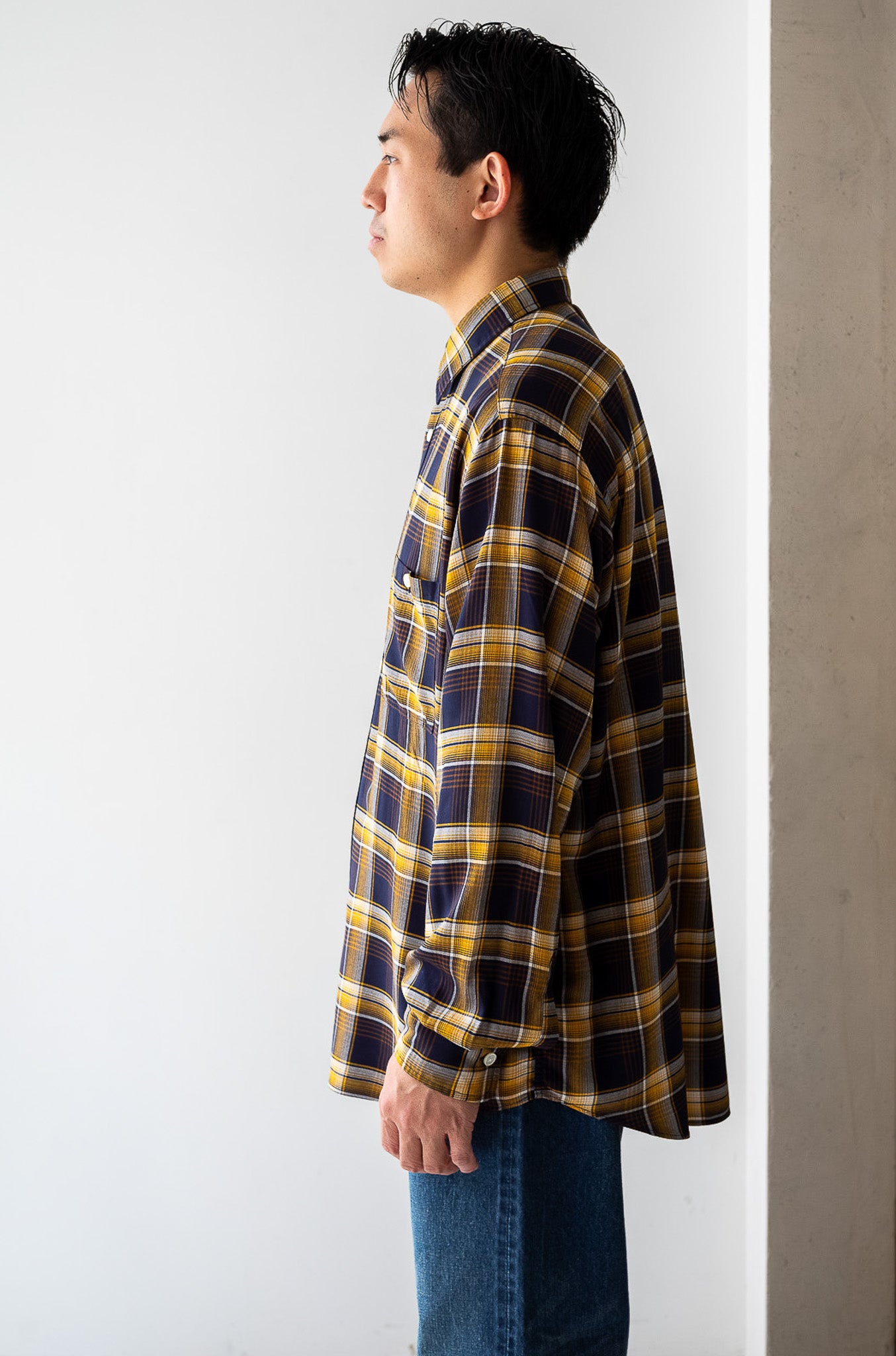 Lazy Luxe Rayon Shirt – Rayon Plaid 〔NAVY×YELLOW〕