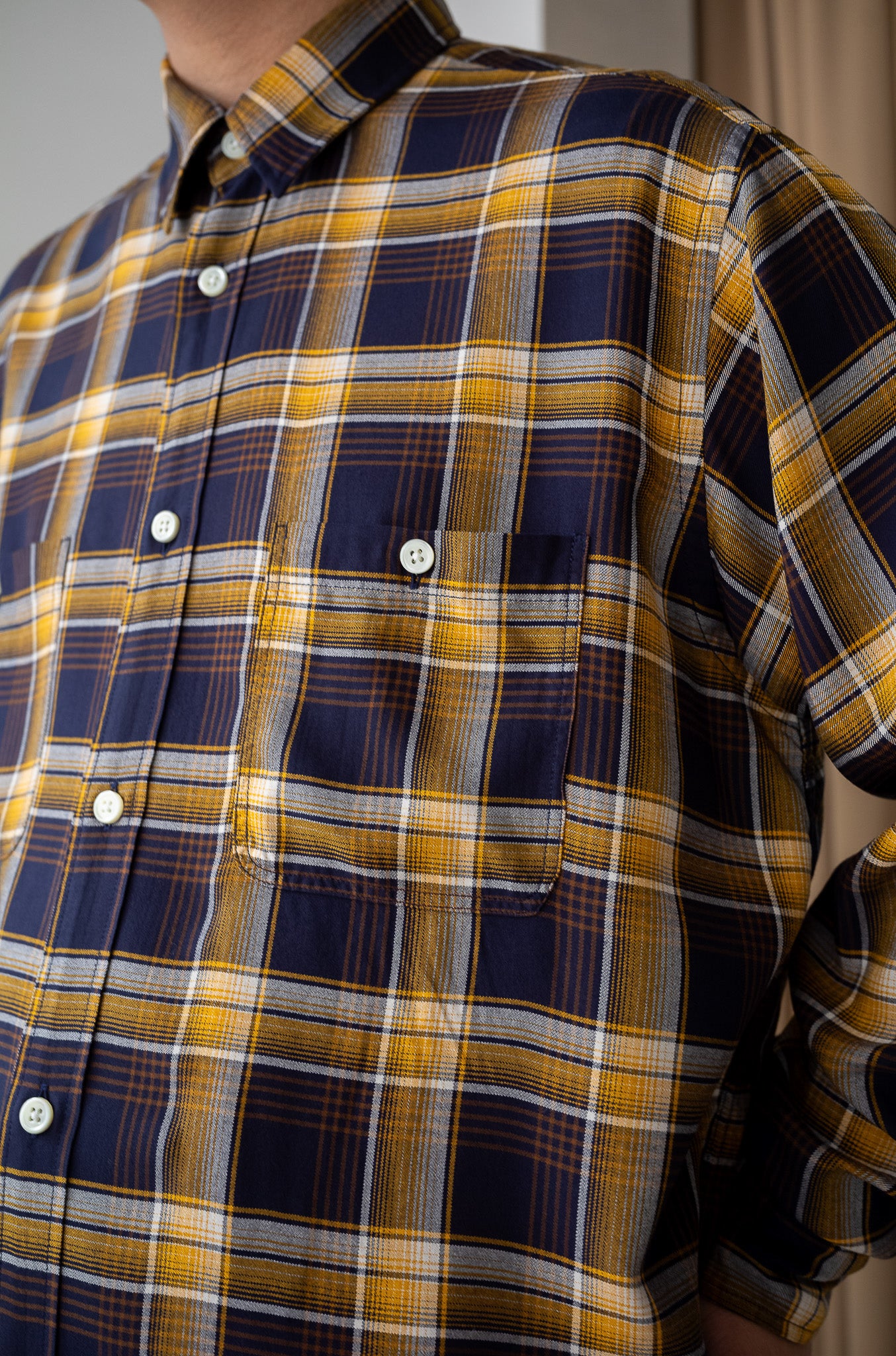 Lazy Luxe Rayon Shirt – Rayon Plaid 〔NAVY×YELLOW〕