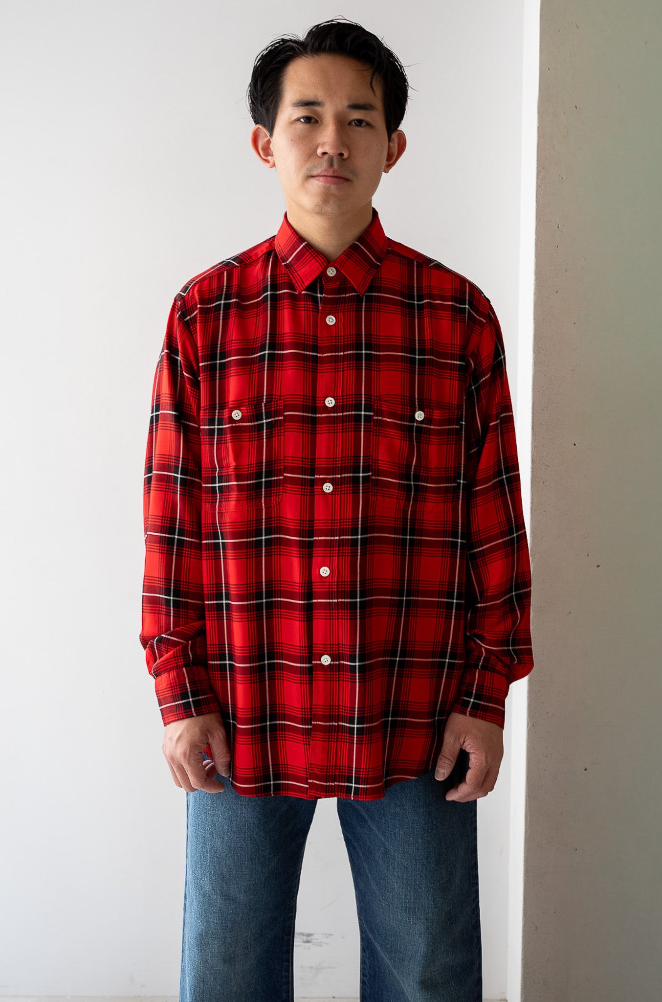 Lazy Luxe Rayon Shirt – Rayon Plaid 〔RED×BLACK〕