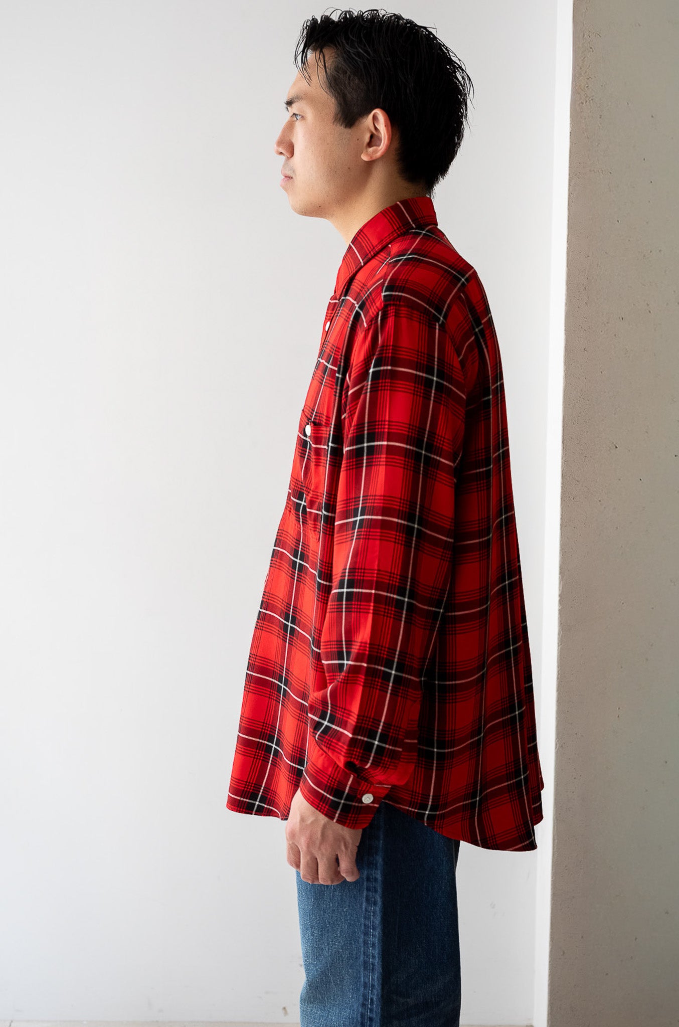 Lazy Luxe Rayon Shirt – Rayon Plaid 〔RED×BLACK〕