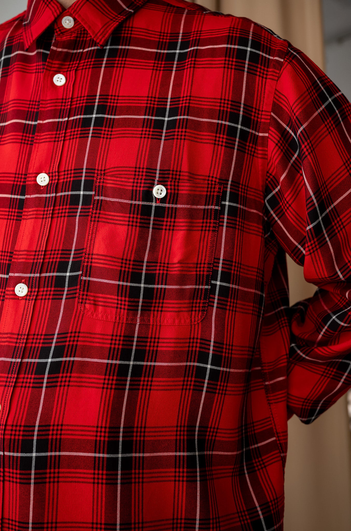 Lazy Luxe Rayon Shirt – Rayon Plaid 〔RED×BLACK〕