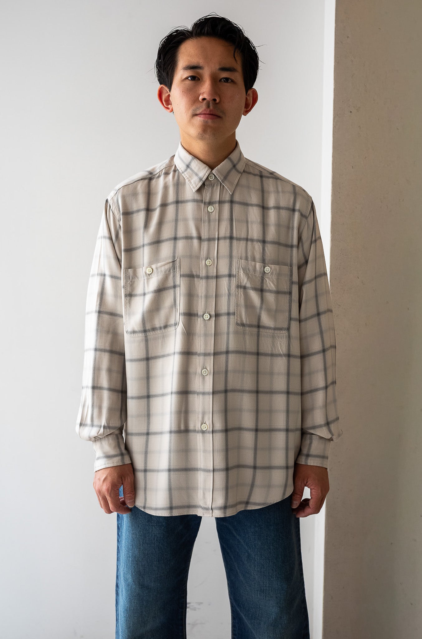 Lazy Luxe Rayon Shirt – Rayon Plaid 〔STONE GRAY〕