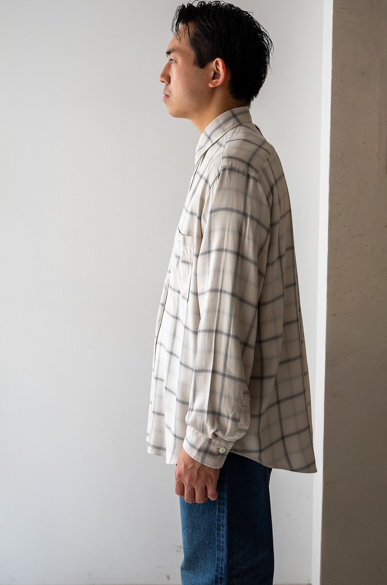 Lazy Luxe Rayon Shirt – Rayon Plaid 〔STONE GRAY〕