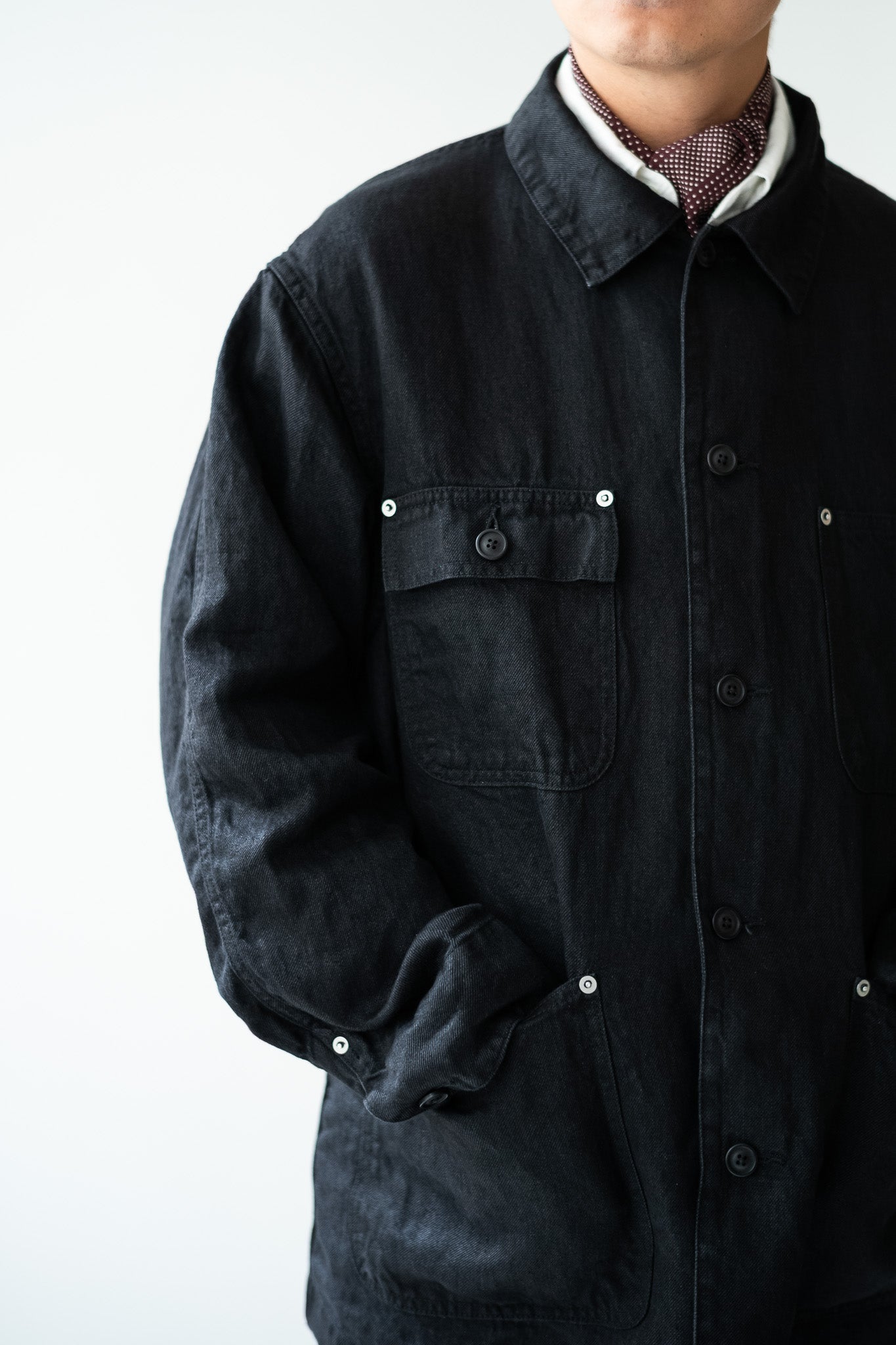 Washed Linen Denim Chore Blouson 〔NOIR〕
