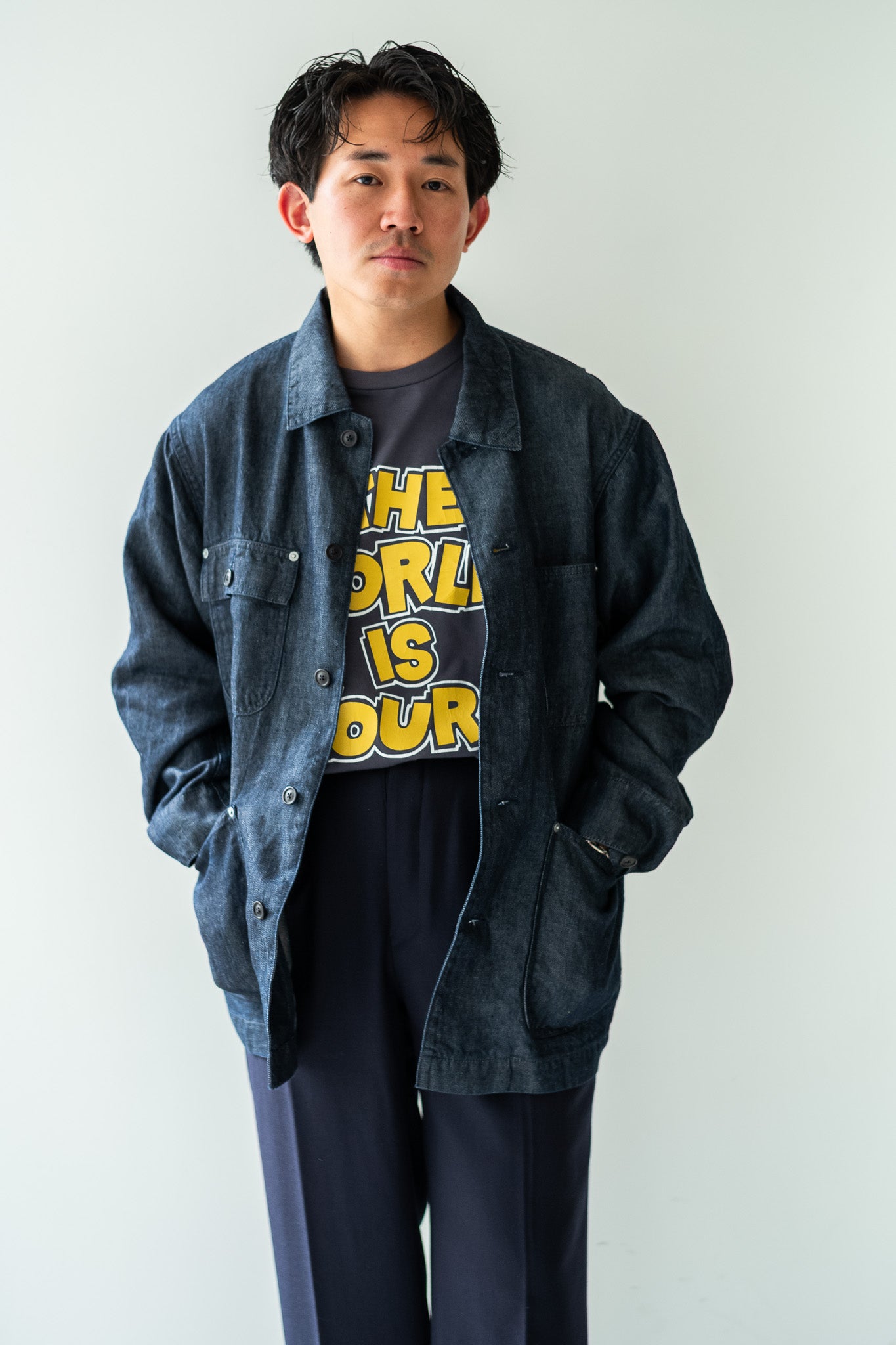 Washed Linen Denim Chore Blouson 〔INDIGO〕