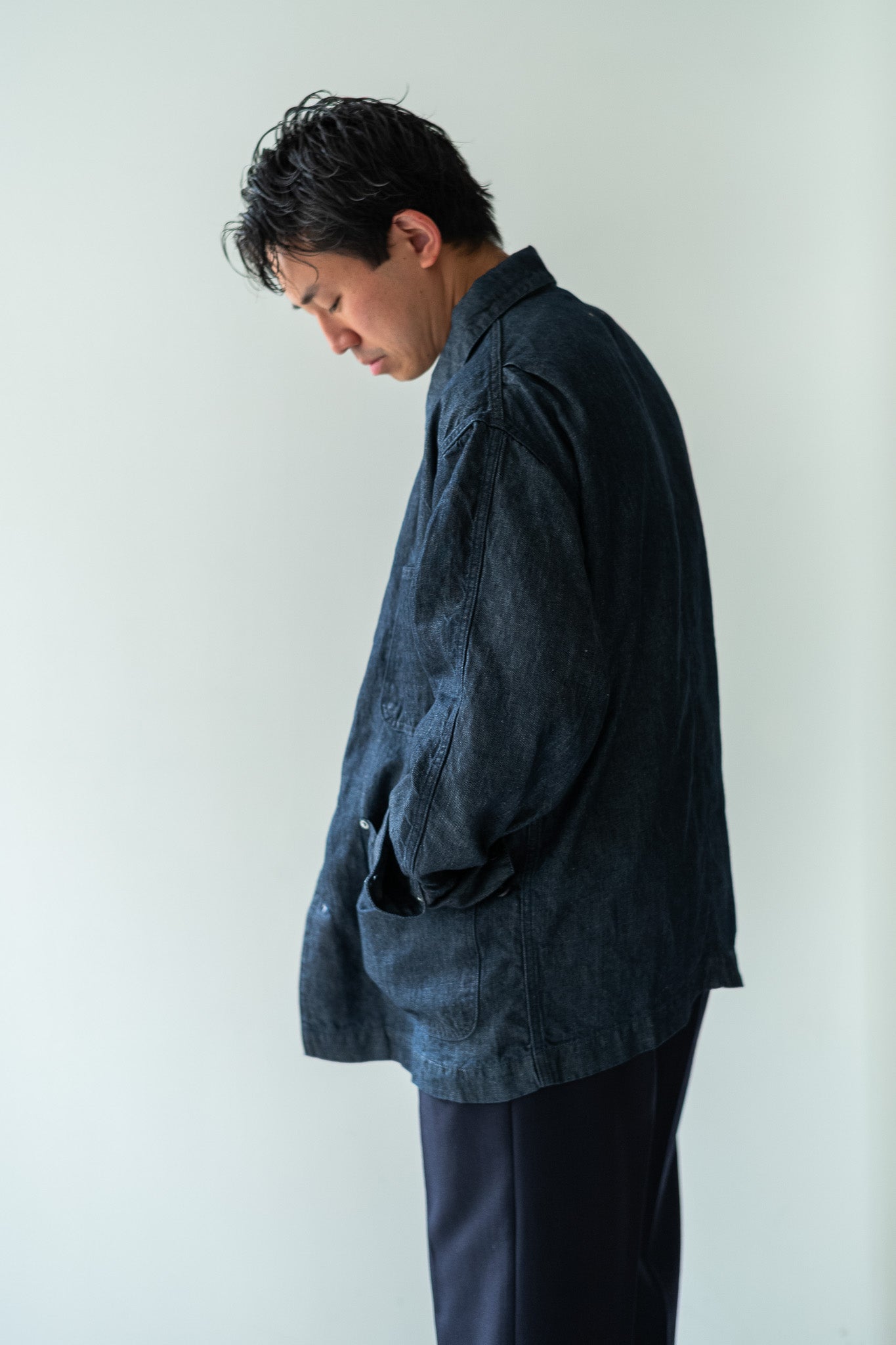 Washed Linen Denim Chore Blouson 〔INDIGO〕