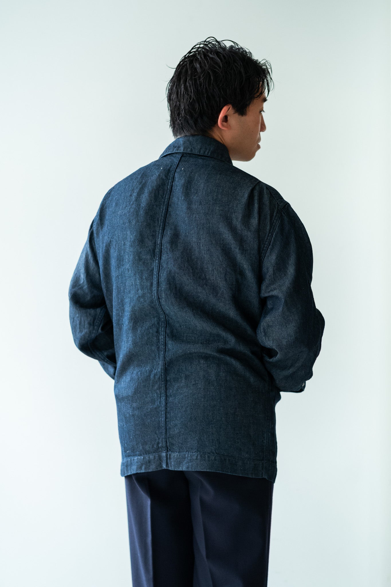 Washed Linen Denim Chore Blouson 〔INDIGO〕