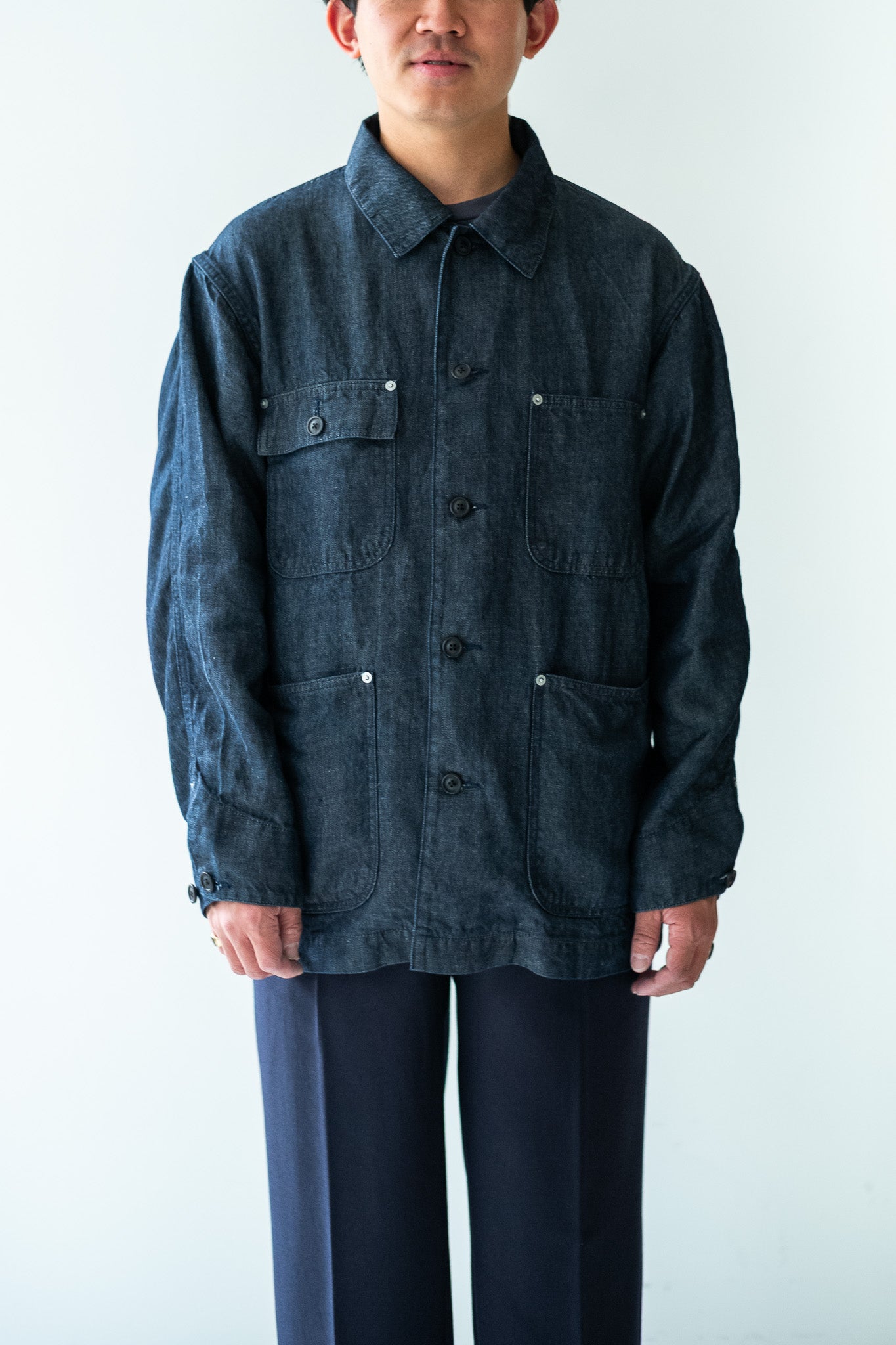 Washed Linen Denim Chore Blouson 〔INDIGO〕