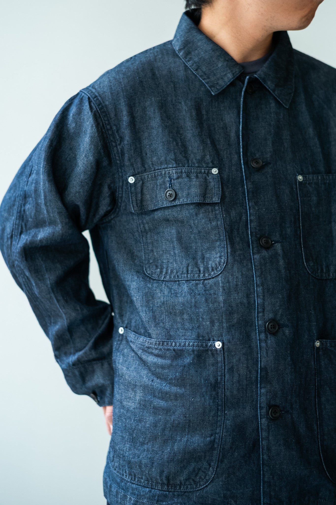 Washed Linen Denim Chore Blouson 〔INDIGO〕