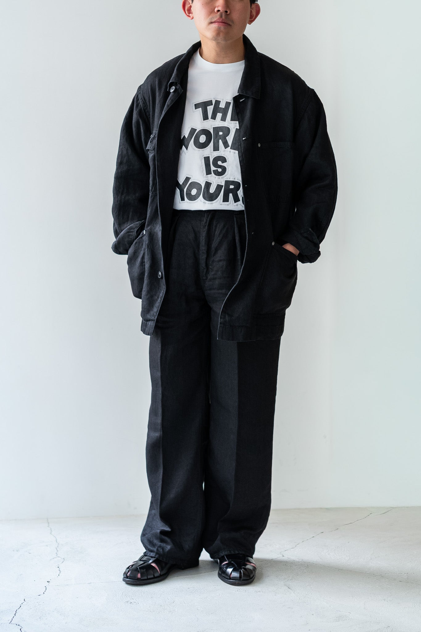 Washed Linen Denim Tuck Trousers 〔NOIR〕