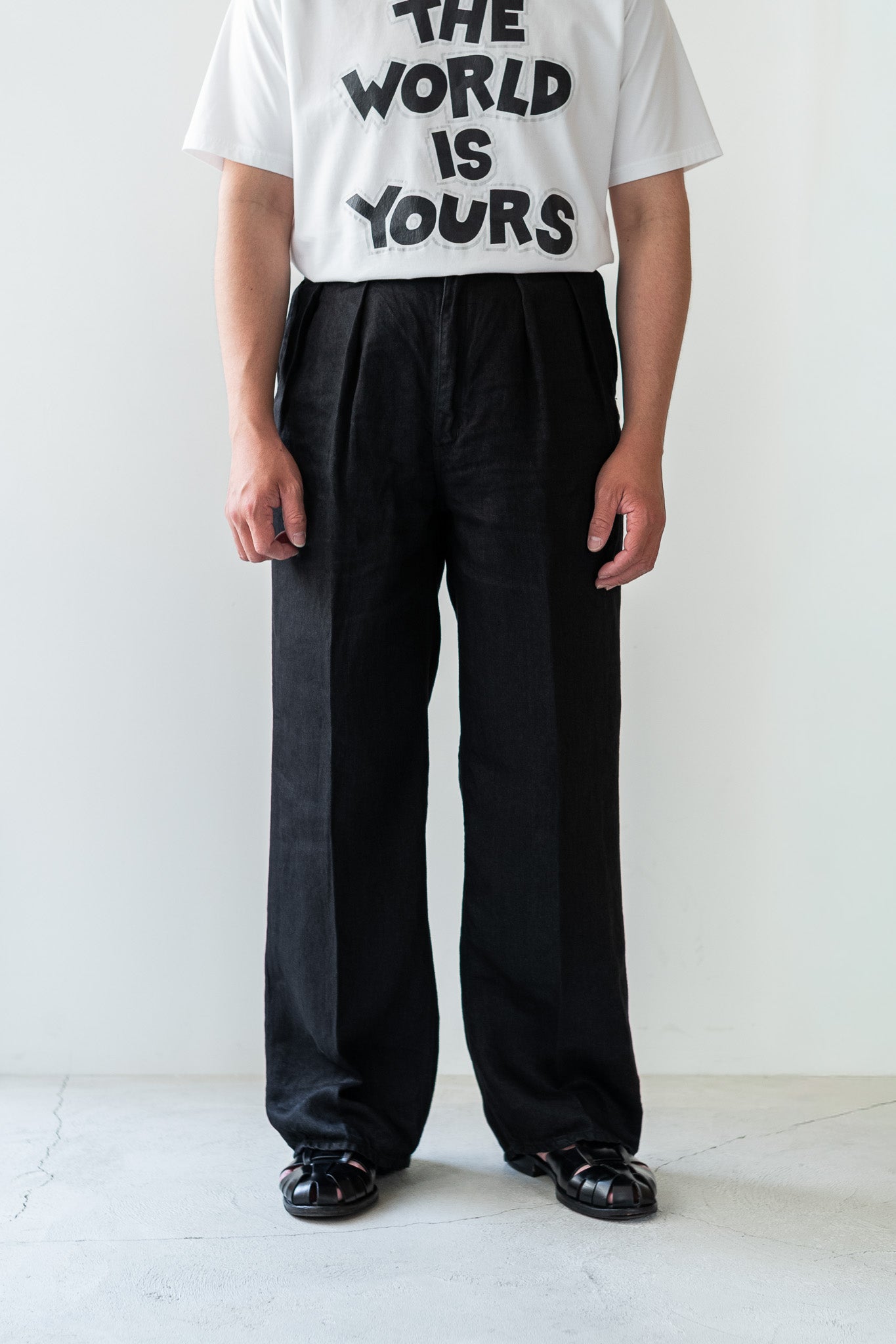 Washed Linen Denim Tuck Trousers 〔NOIR〕
