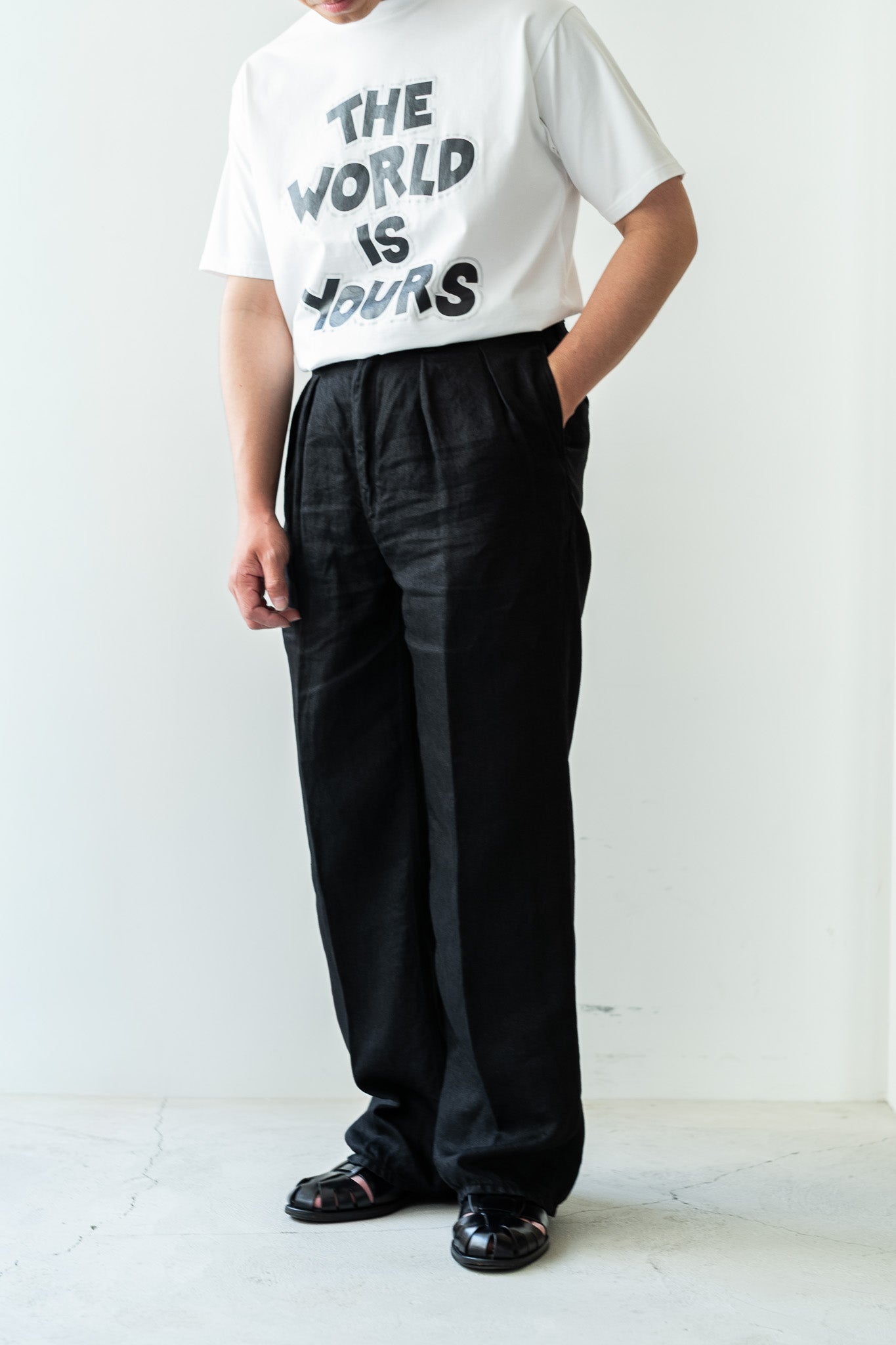 Washed Linen Denim Tuck Trousers 〔NOIR〕