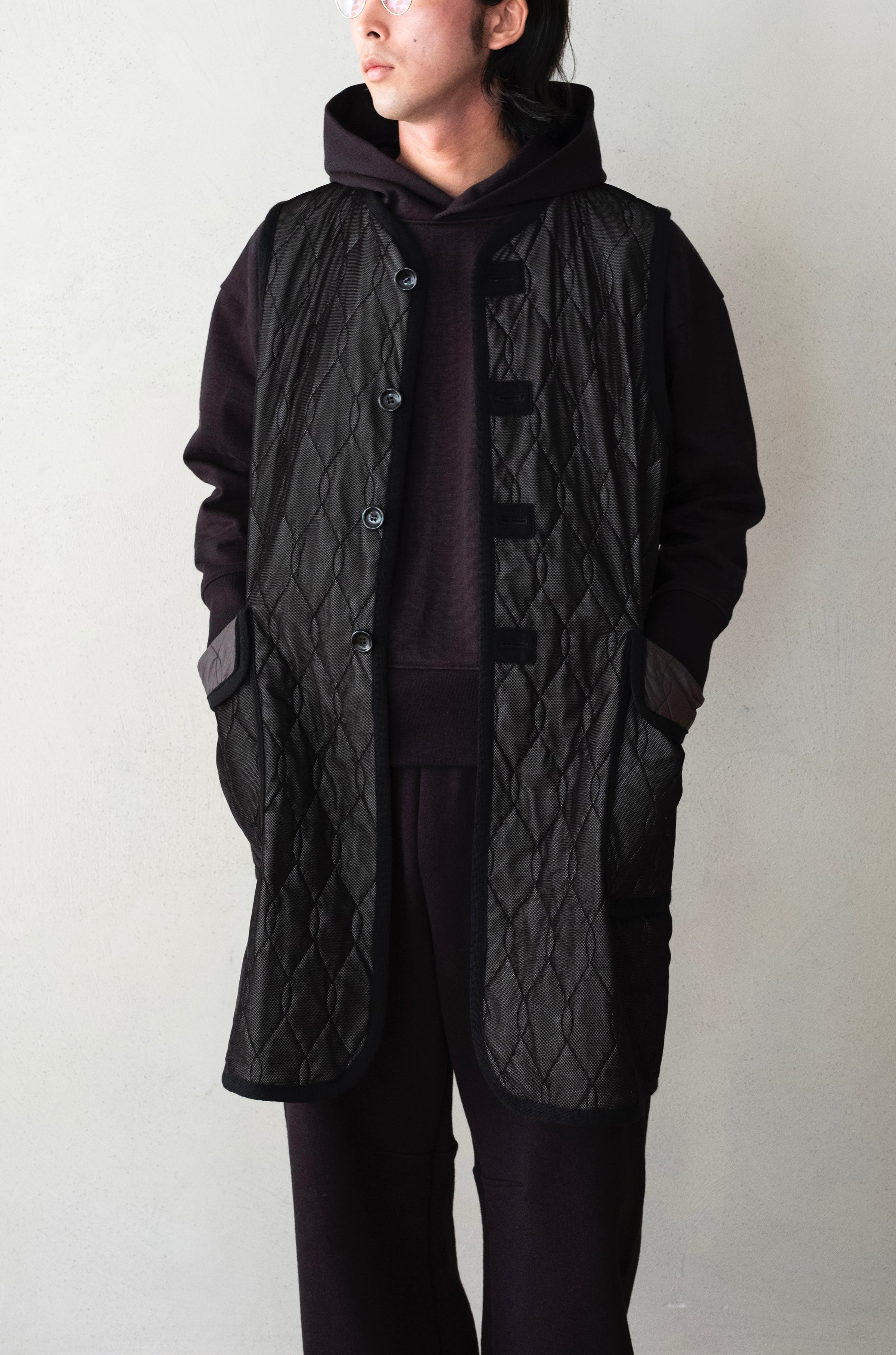 03~04AW　リバース　ナダ　異素材切り替え中綿ベスト　/L　ブラック　y2k 03~04AW リバース ナダ 異素材切り替え中綿ベスト /L ブラック