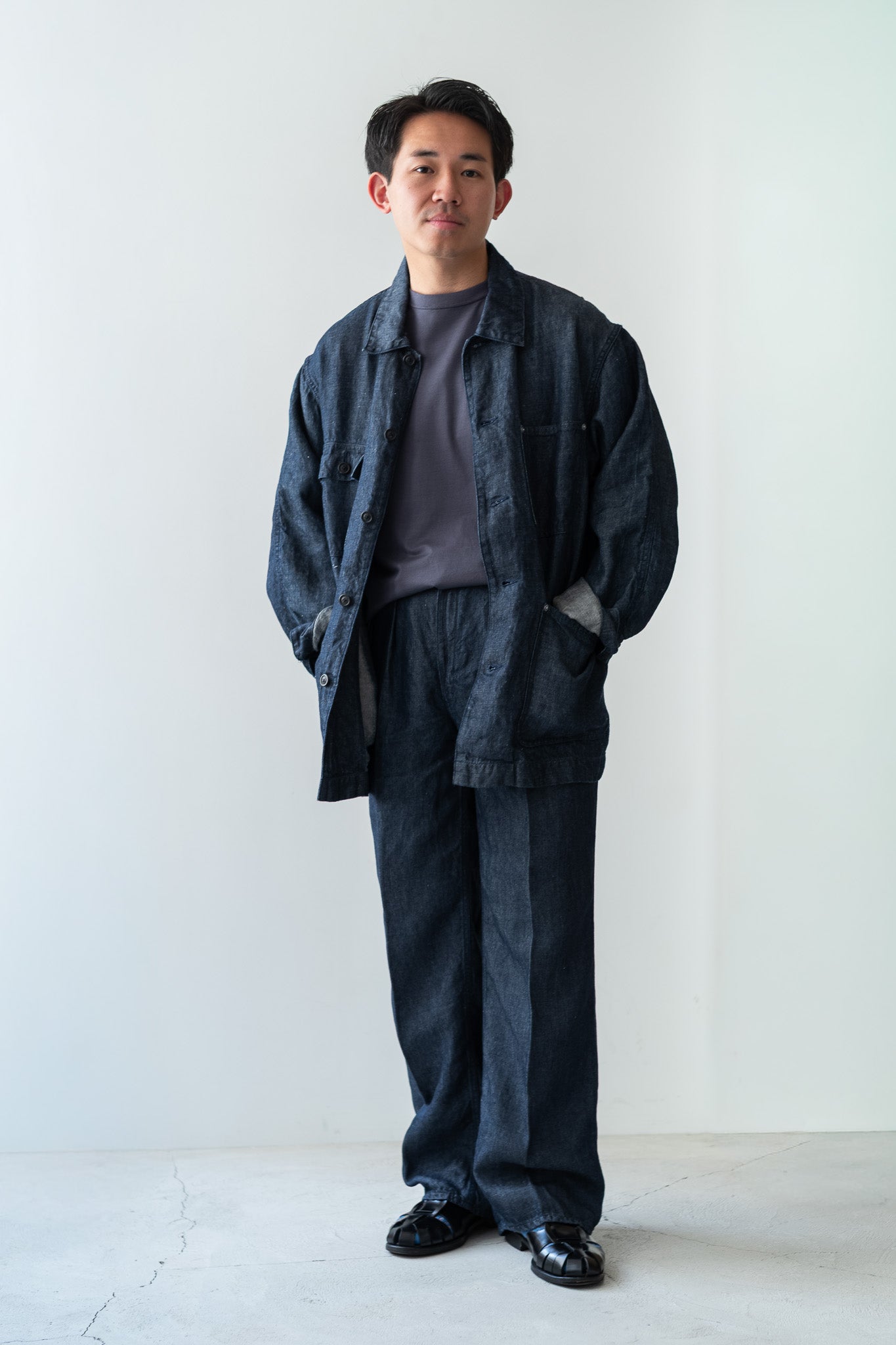 Washed Linen Denim Chore Blouson 〔INDIGO〕