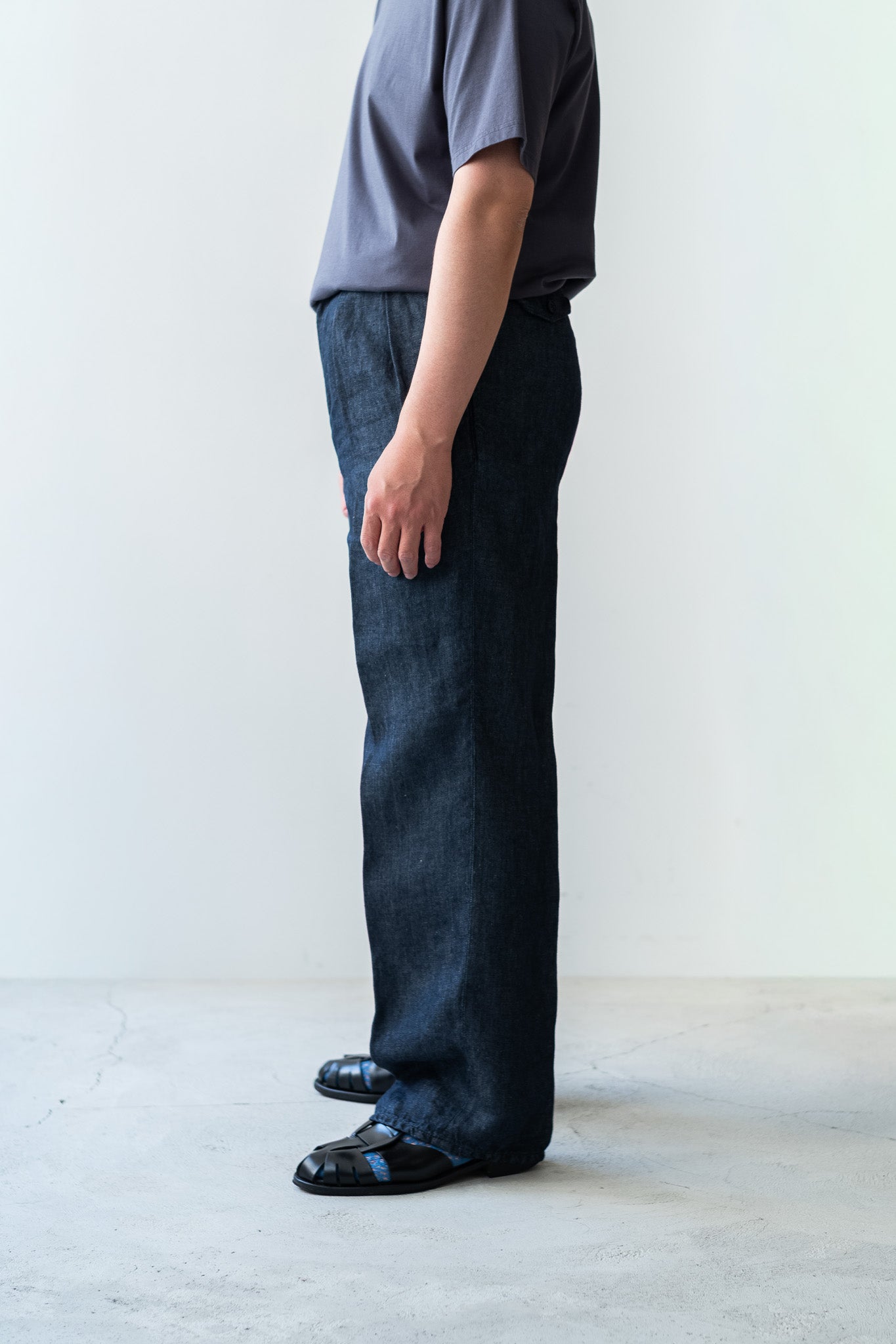 Washed Linen Denim Tuck Trousers 〔INDIGO〕