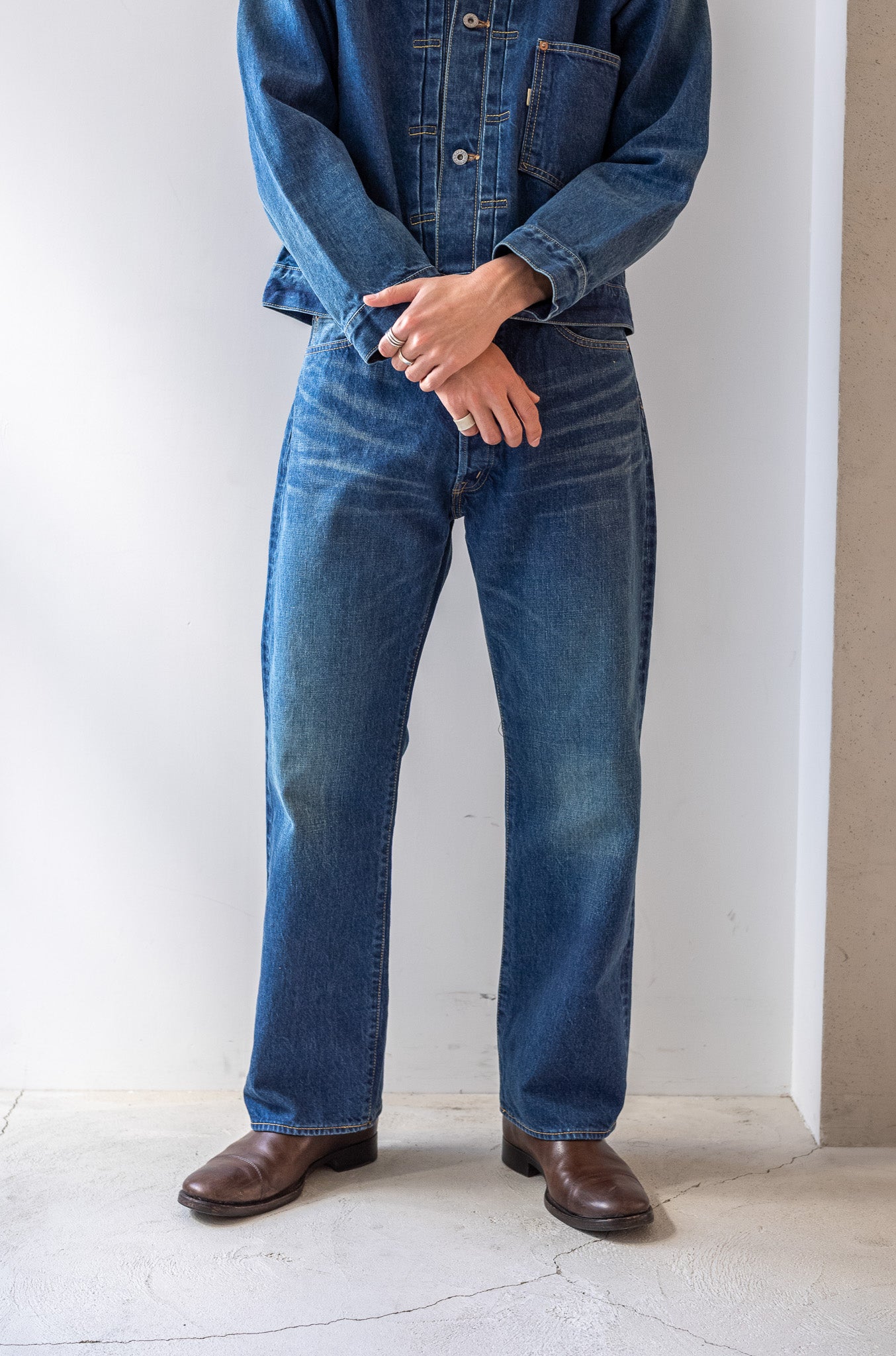 Denim Straight Trousers-VINTAGE WASH 〔DUSK INDIGO〕