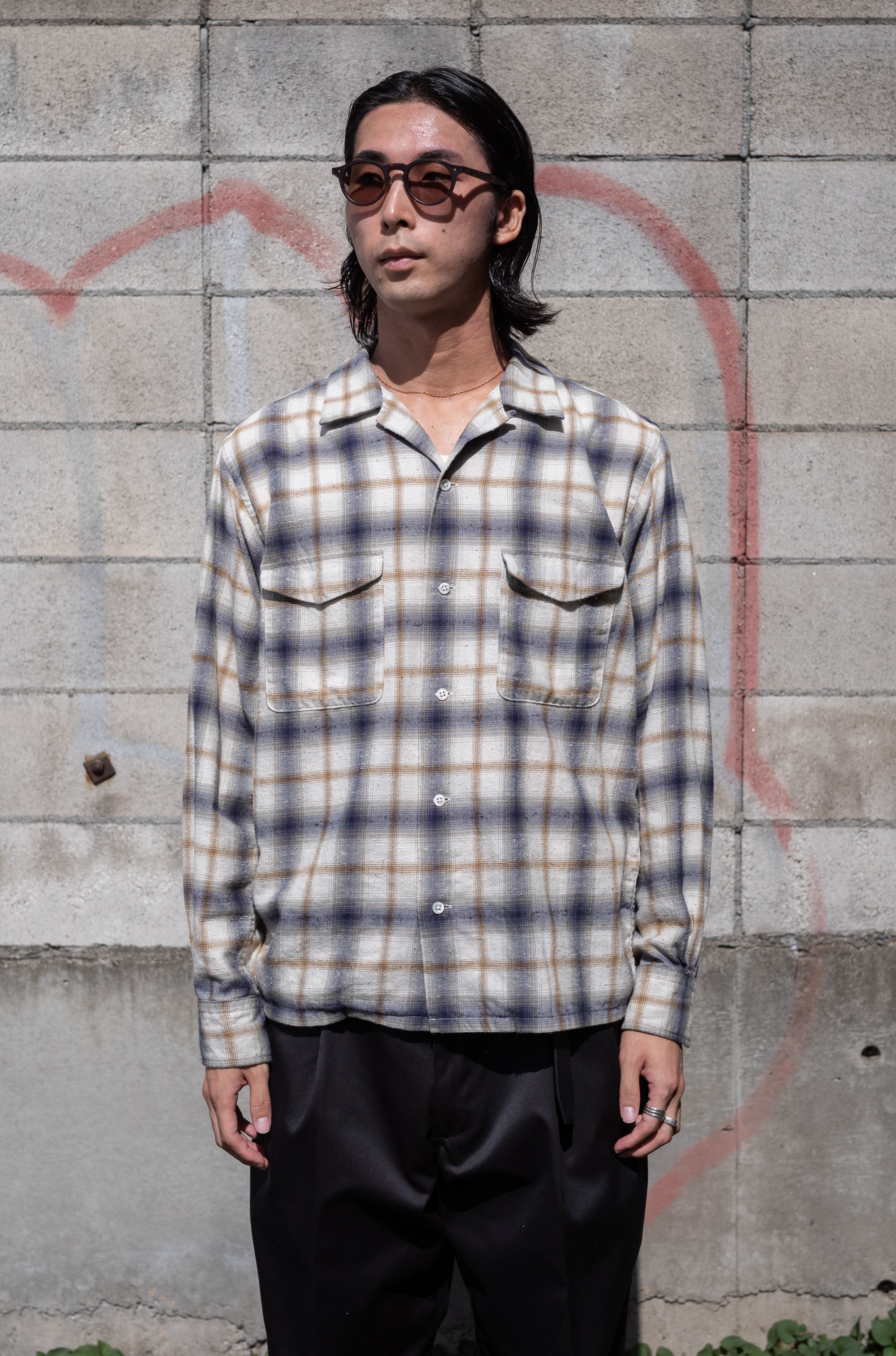 Brushed Nep Check Open-Collar Shirt〔MILK BASE〕