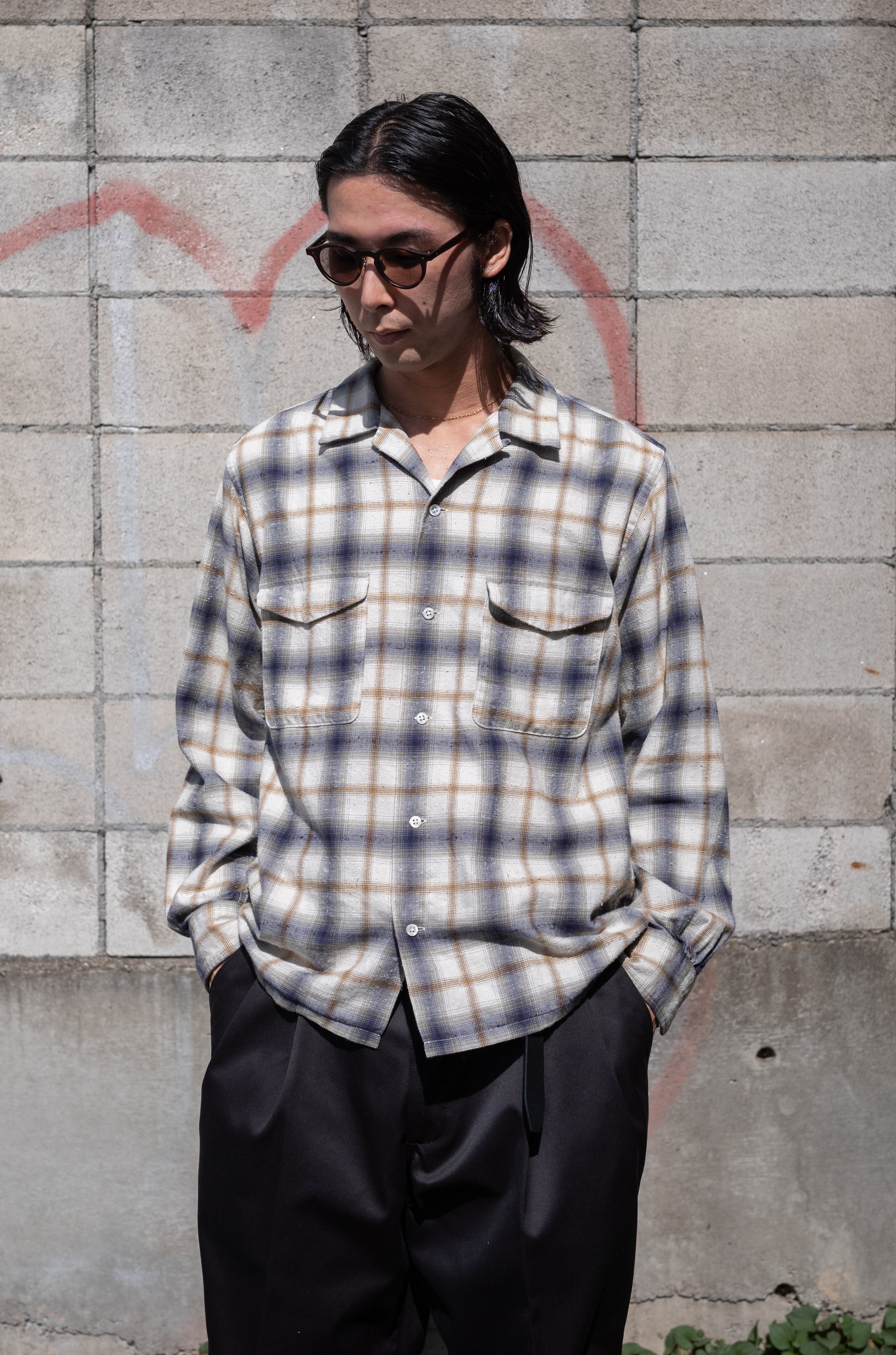 Brushed Nep Check Open-Collar Shirt〔MILK BASE〕