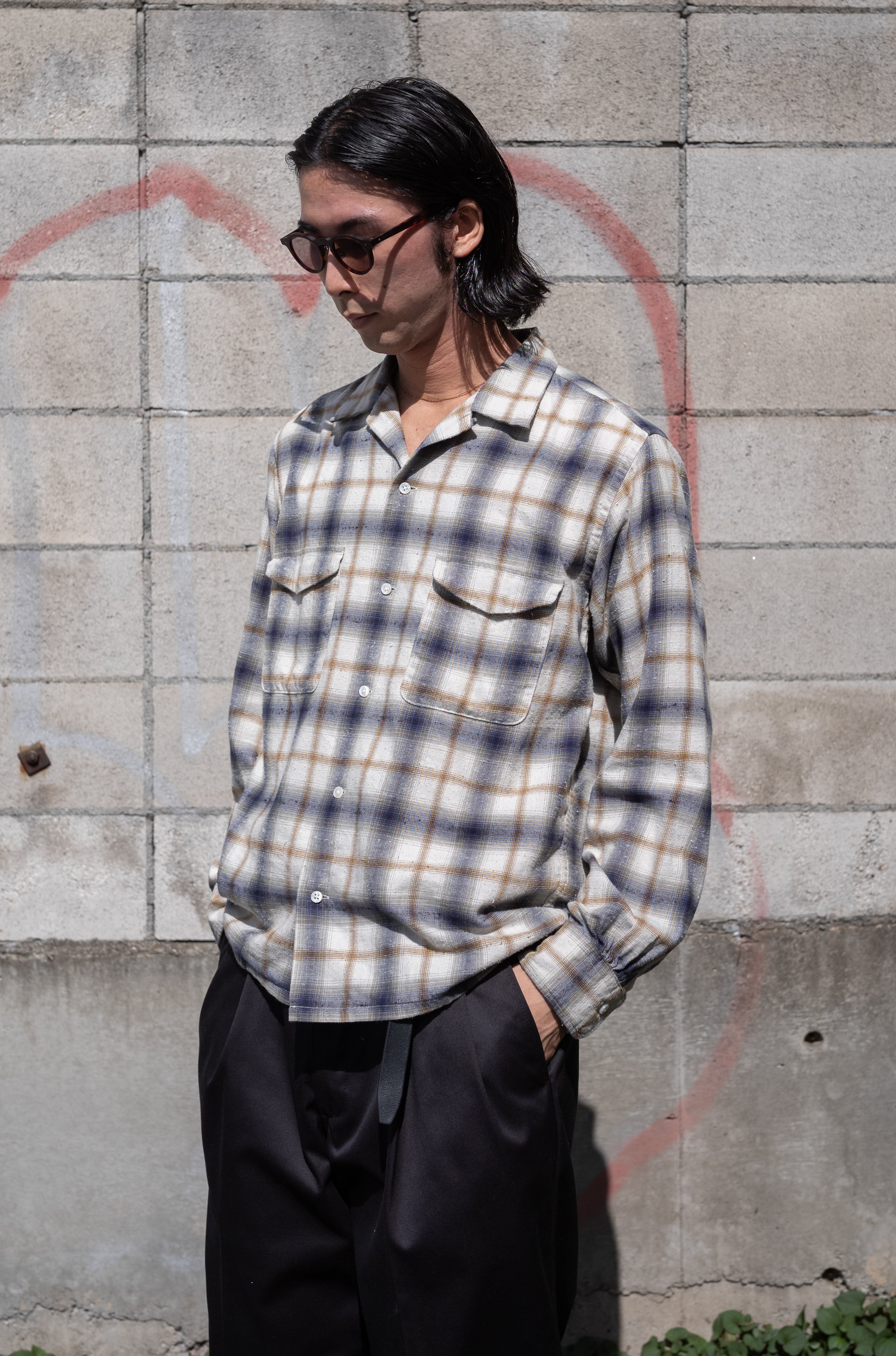Brushed Nep Check Open-Collar Shirt〔MILK BASE〕