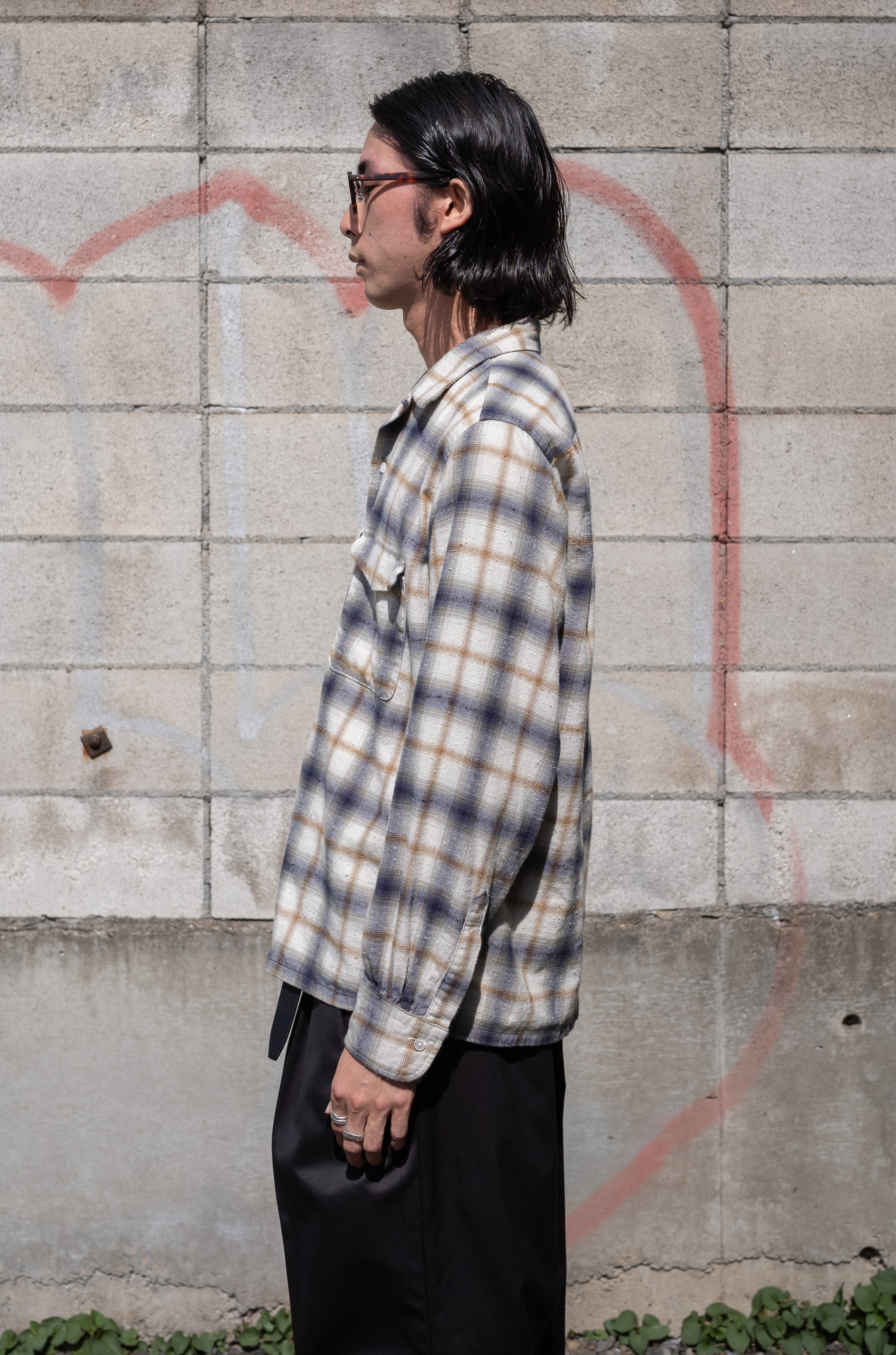 Brushed Nep Check Open-Collar Shirt〔MILK BASE〕