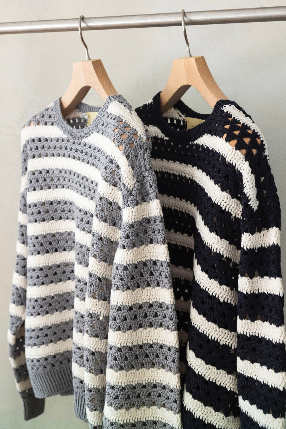 Crochet Horizontal Stripe Pullover〔NAVY × MILK〕