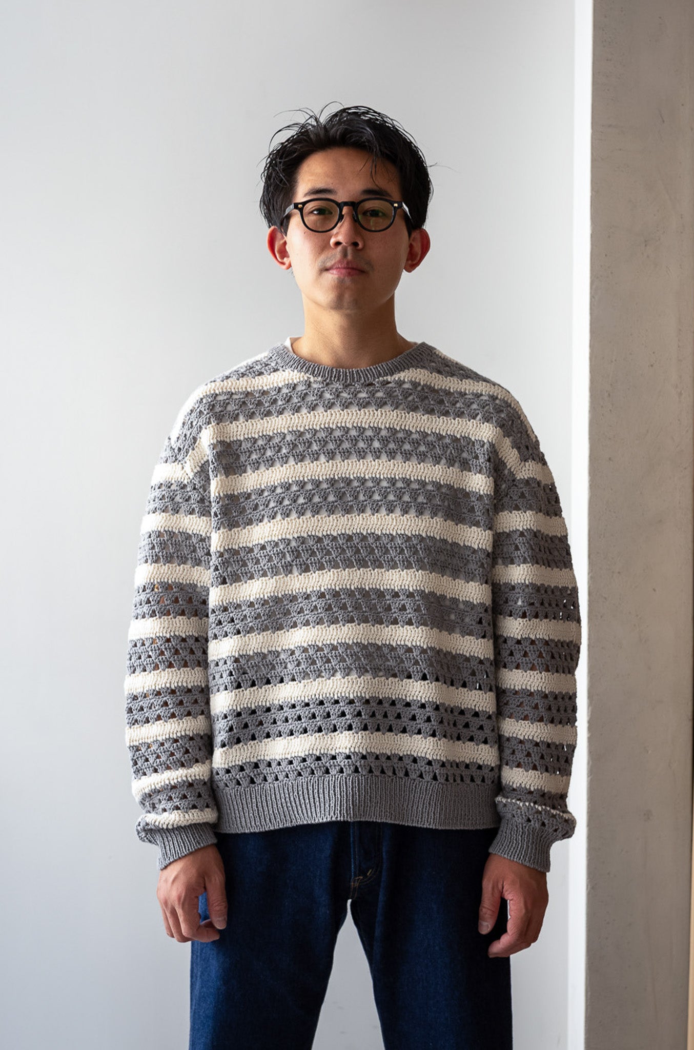Crochet Horizontal Stripe Pullover 〔L/GRAY × MILK〕