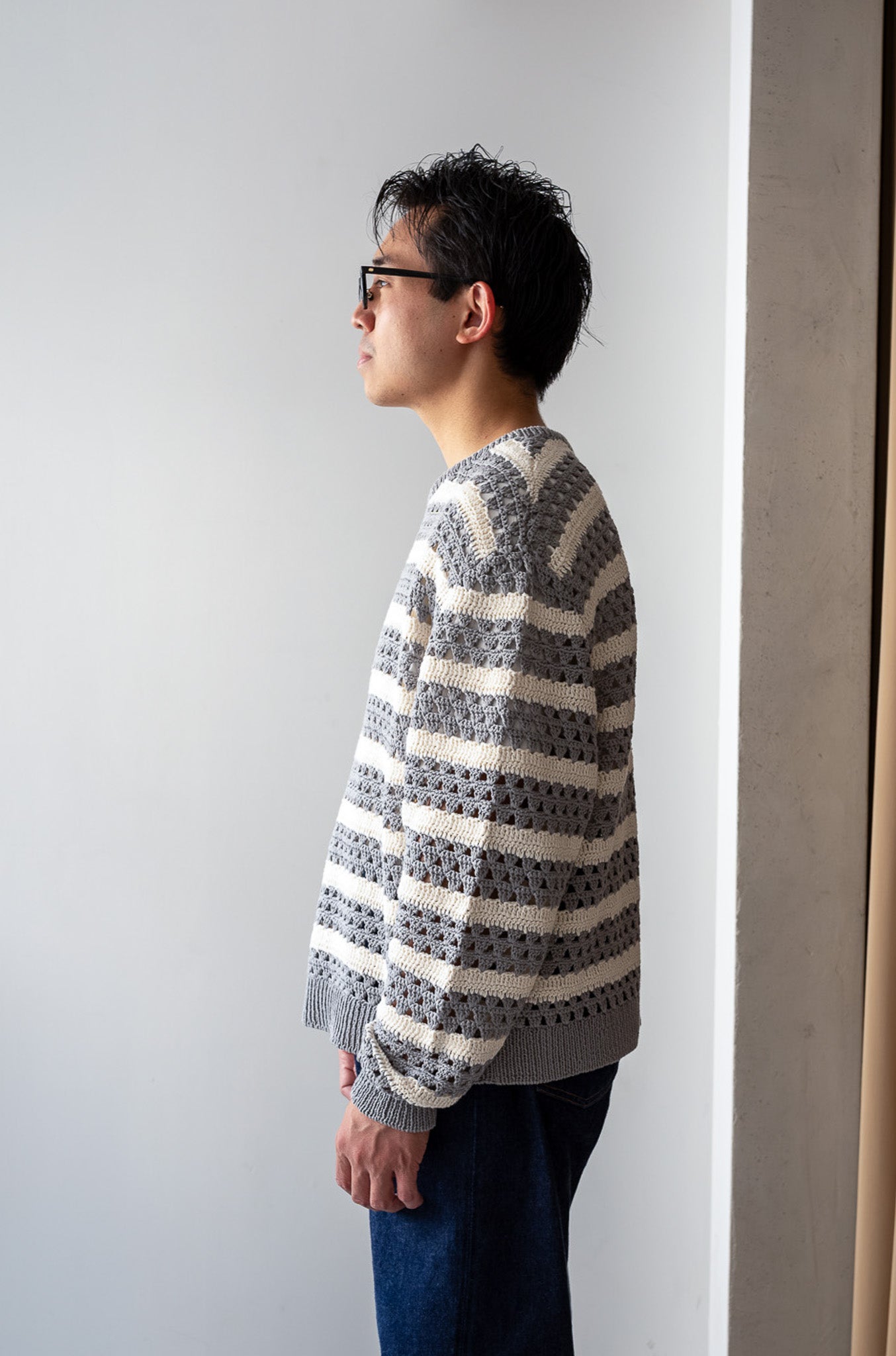 Crochet Horizontal Stripe Pullover 〔L/GRAY × MILK〕