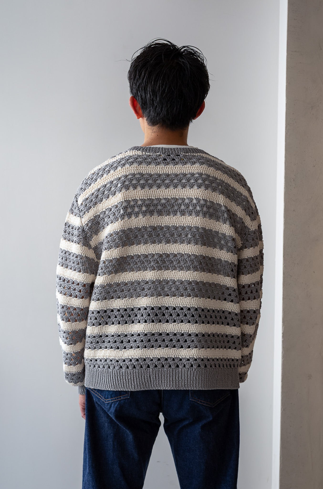 Crochet Horizontal Stripe Pullover 〔L/GRAY × MILK〕