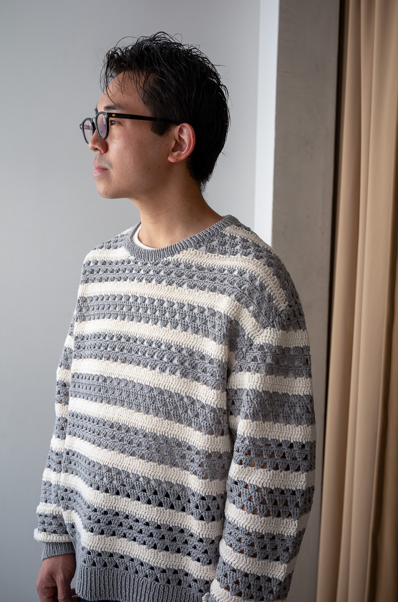 Crochet Horizontal Stripe Pullover 〔L/GRAY × MILK〕