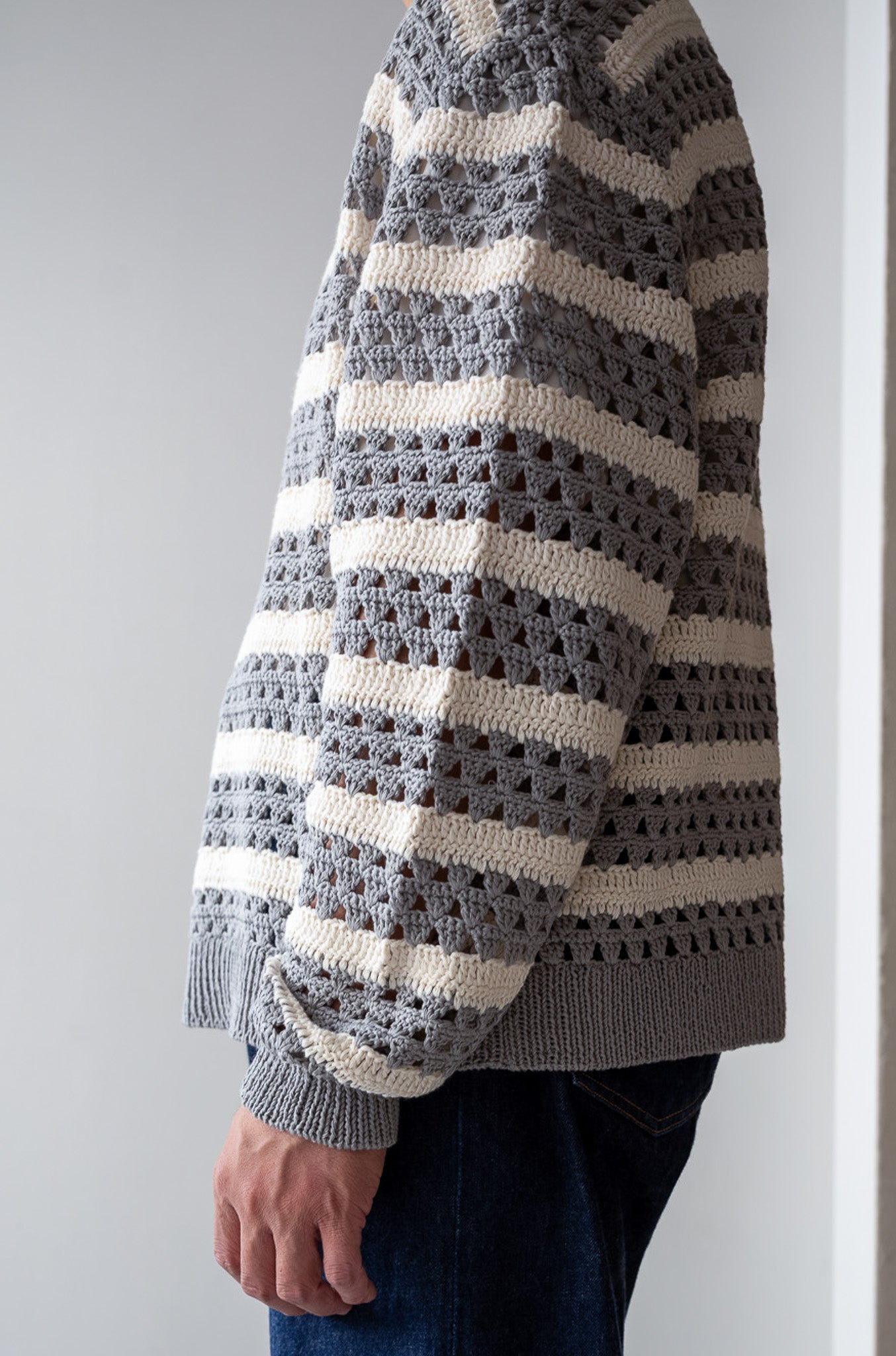 Crochet Horizontal Stripe Pullover 〔L/GRAY × MILK〕