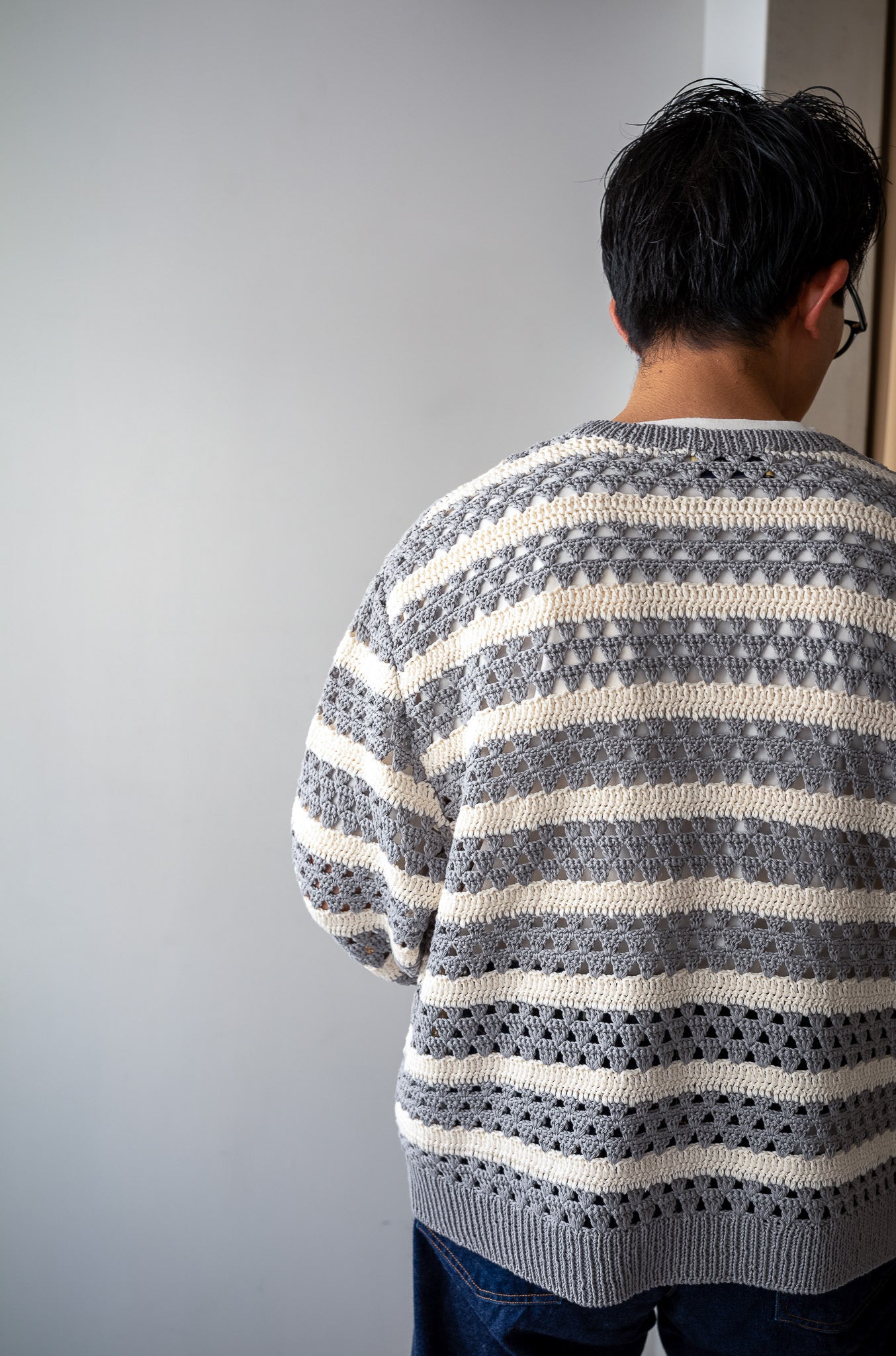 Crochet Horizontal Stripe Pullover 〔L/GRAY × MILK〕