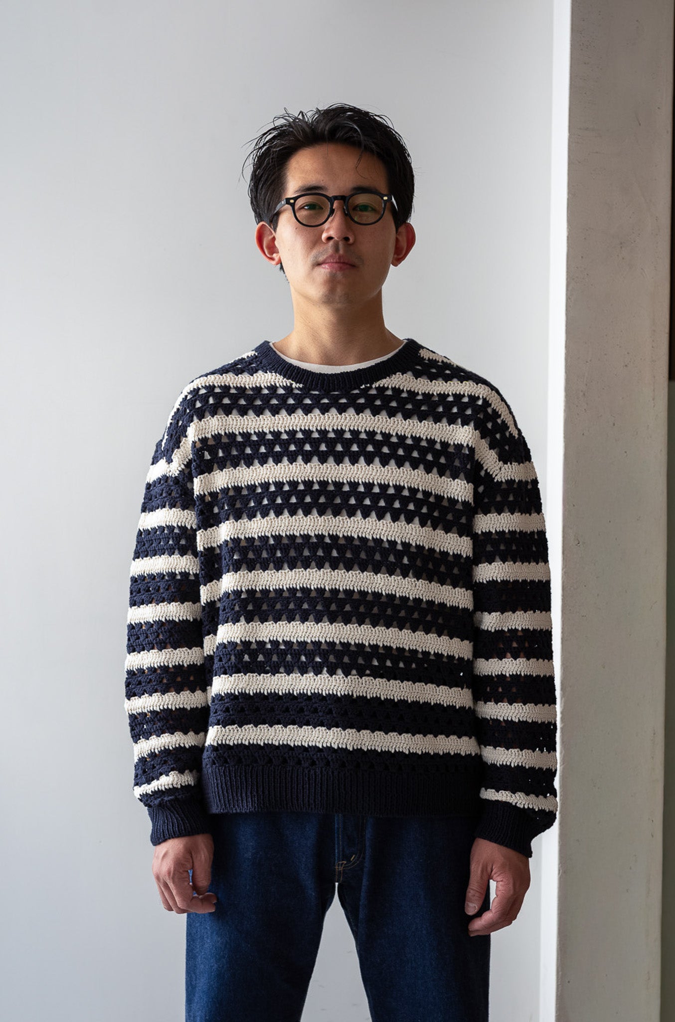 Crochet Horizontal Stripe Pullover〔NAVY × MILK〕