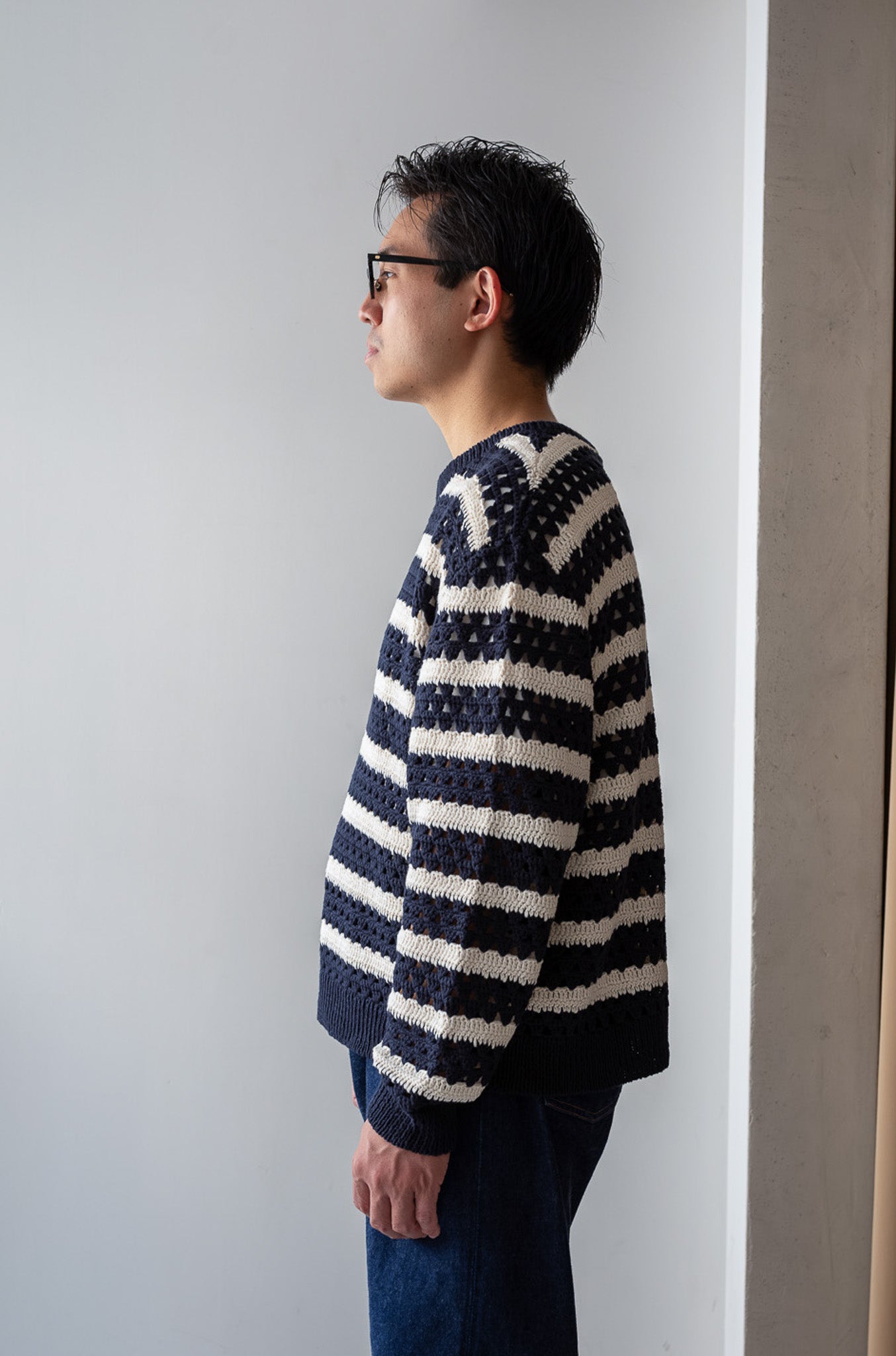 Crochet Horizontal Stripe Pullover〔NAVY × MILK〕