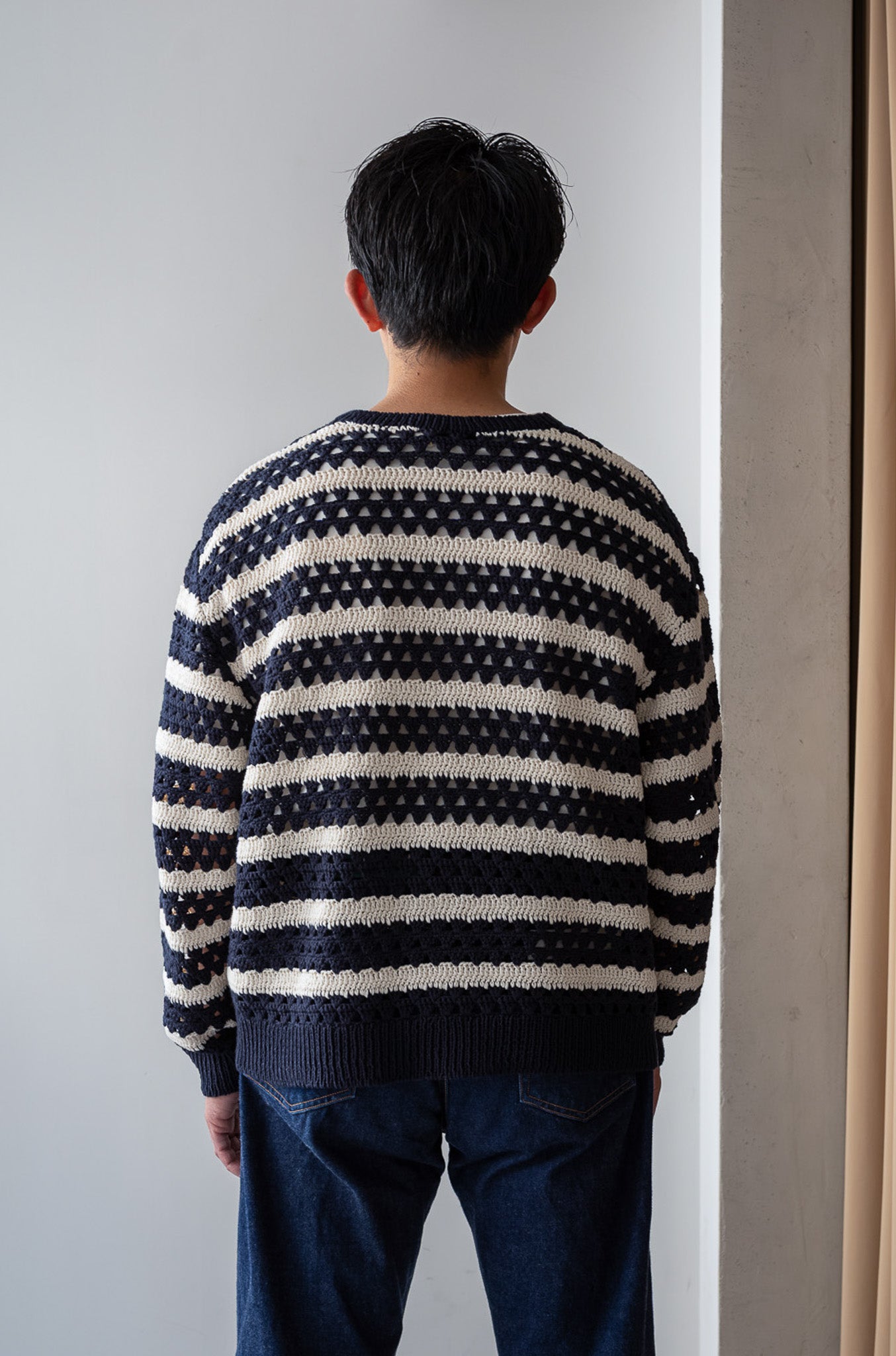 Crochet Horizontal Stripe Pullover〔NAVY × MILK〕