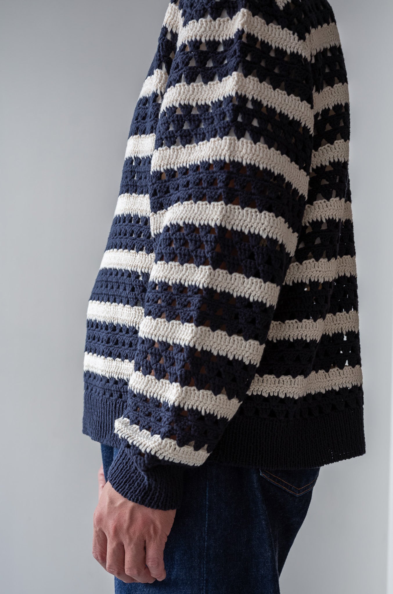 Crochet Horizontal Stripe Pullover〔NAVY × MILK〕