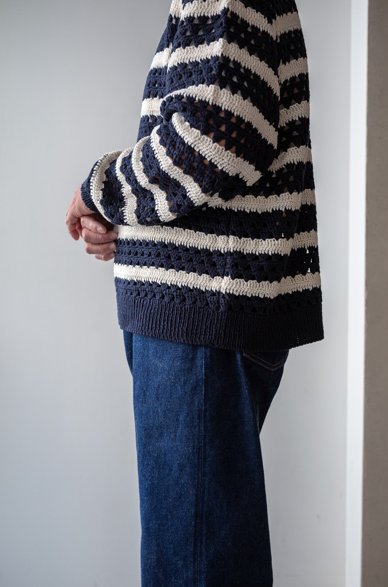 Crochet Horizontal Stripe Pullover〔NAVY × MILK〕