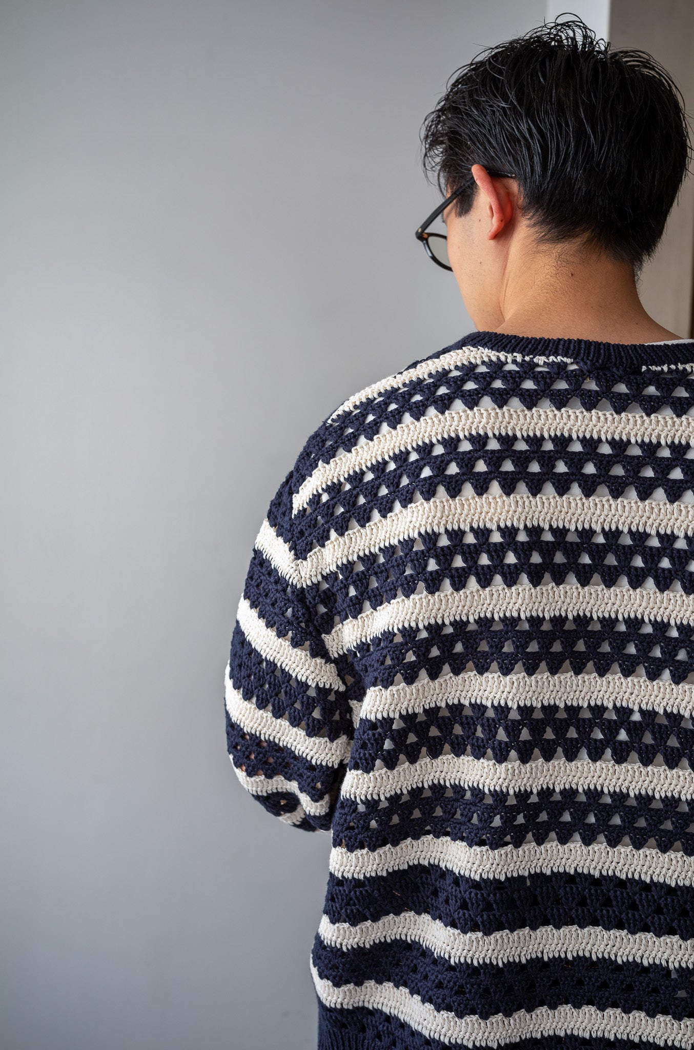 Crochet Horizontal Stripe Pullover〔NAVY × MILK〕