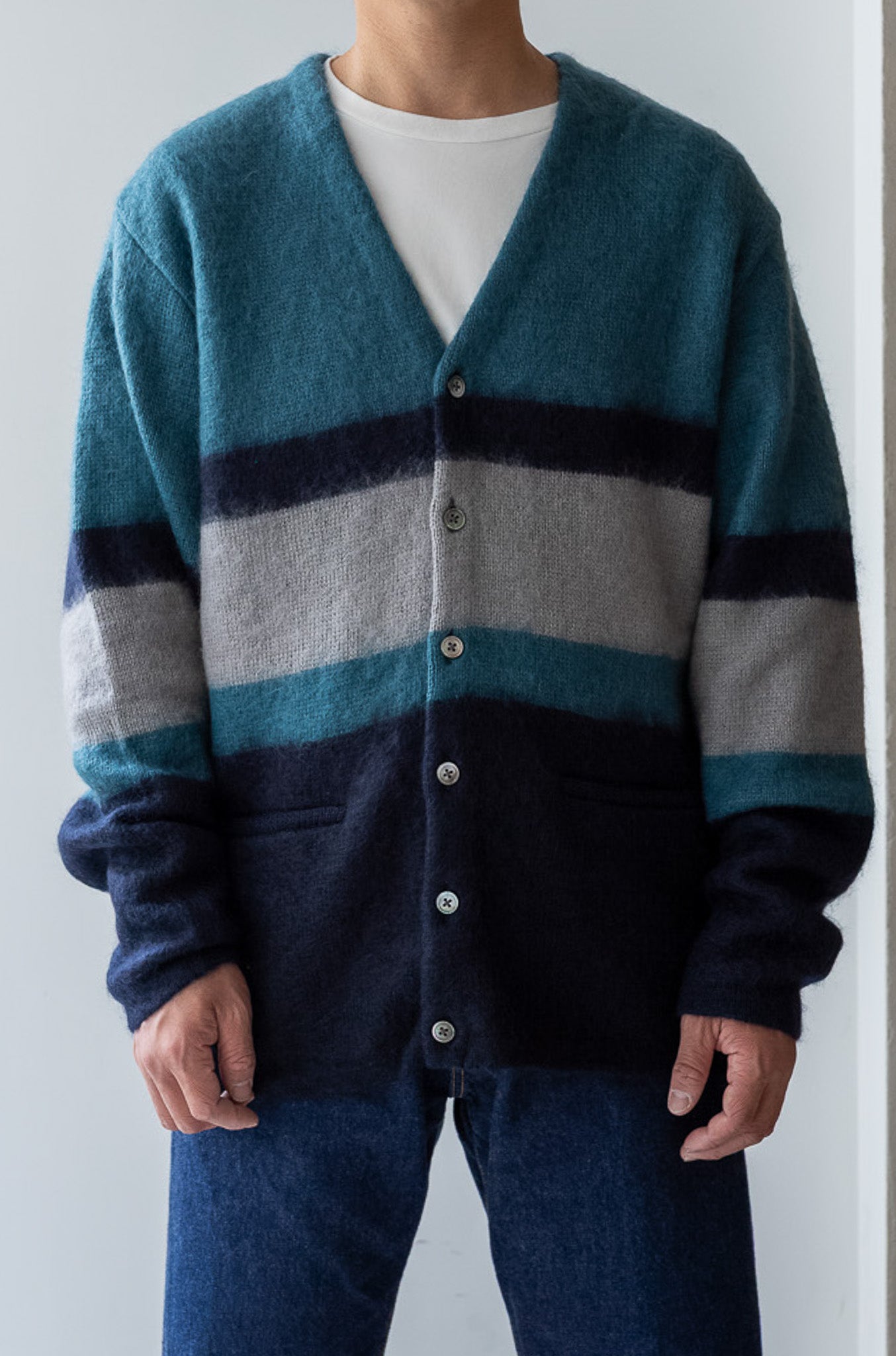 Stupid Shaggy Panel Cardigan〔NAVY BASE〕