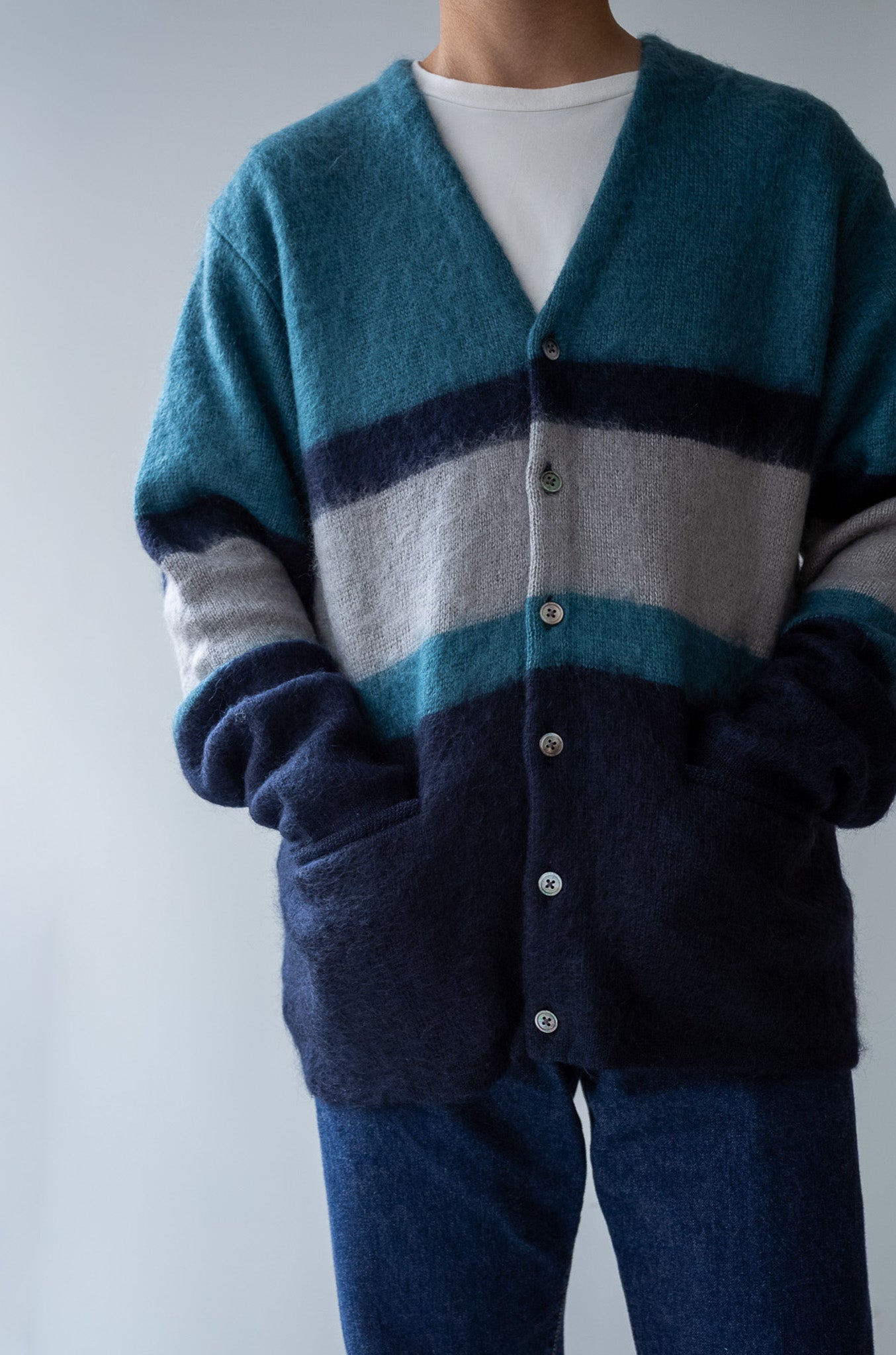 Stupid Shaggy Panel Cardigan〔NAVY BASE〕