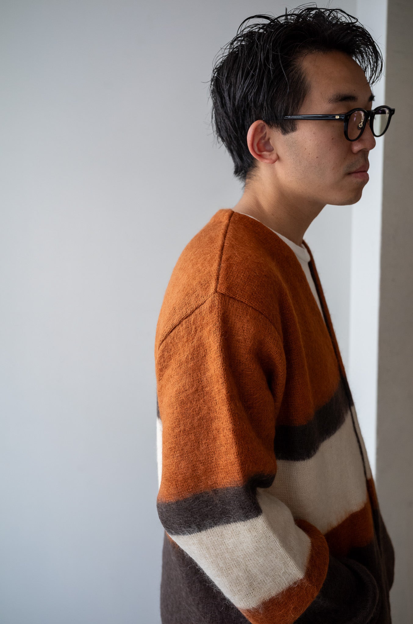 Stupid Shaggy Panel Cardigan〔BROWN BASE〕