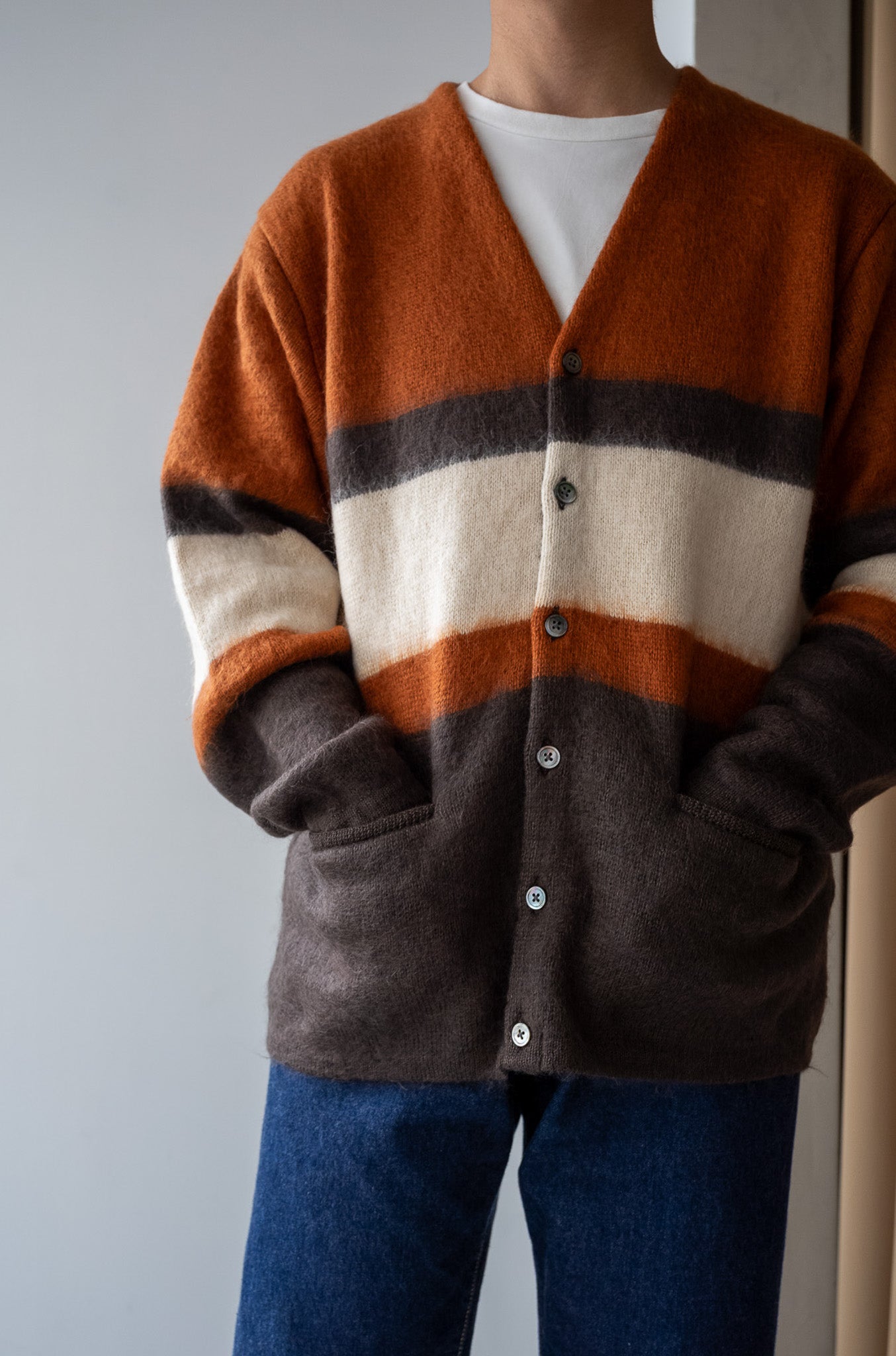 Stupid Shaggy Panel Cardigan〔BROWN BASE〕